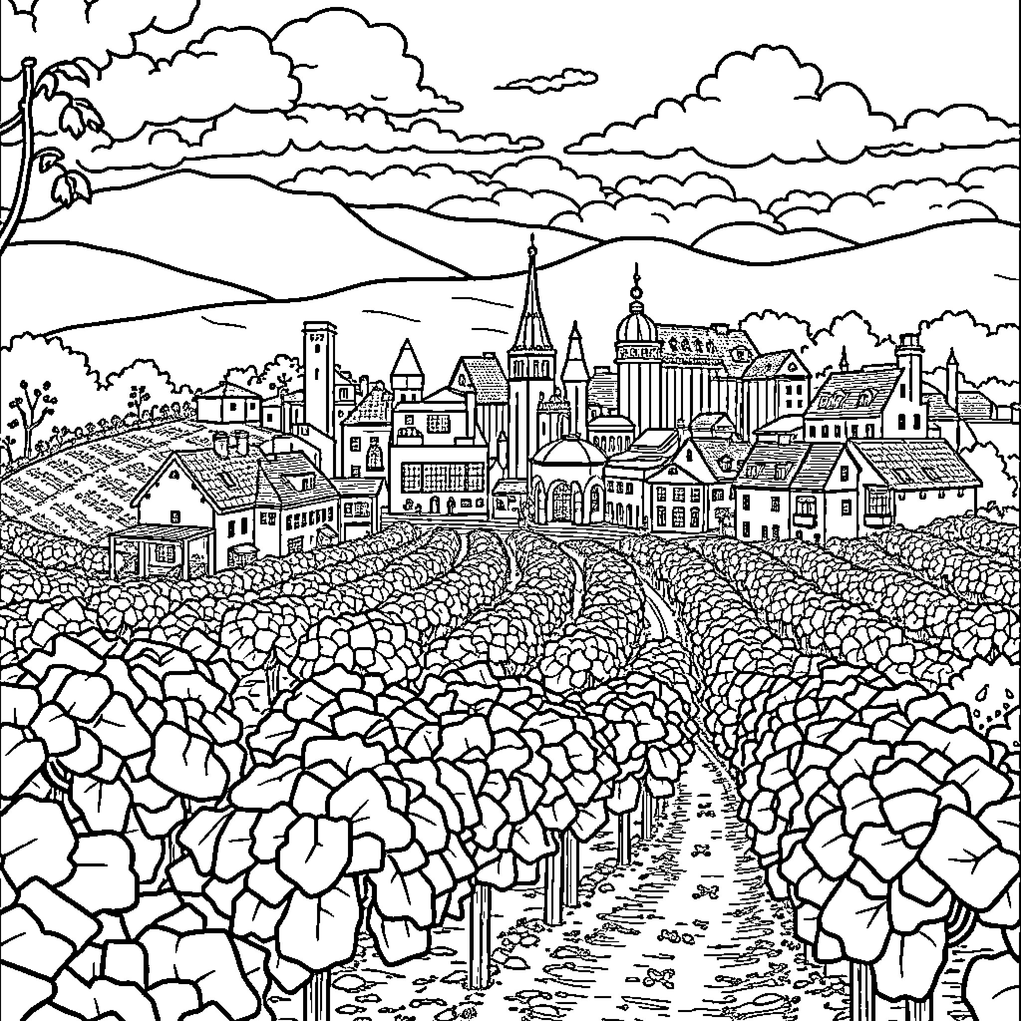 Lego City in a Scenic Landscape Coloring Page (free black-and-white line drawing printable PDF for all, from beginners to advanced learners, including children, teens, adults, and seniors)