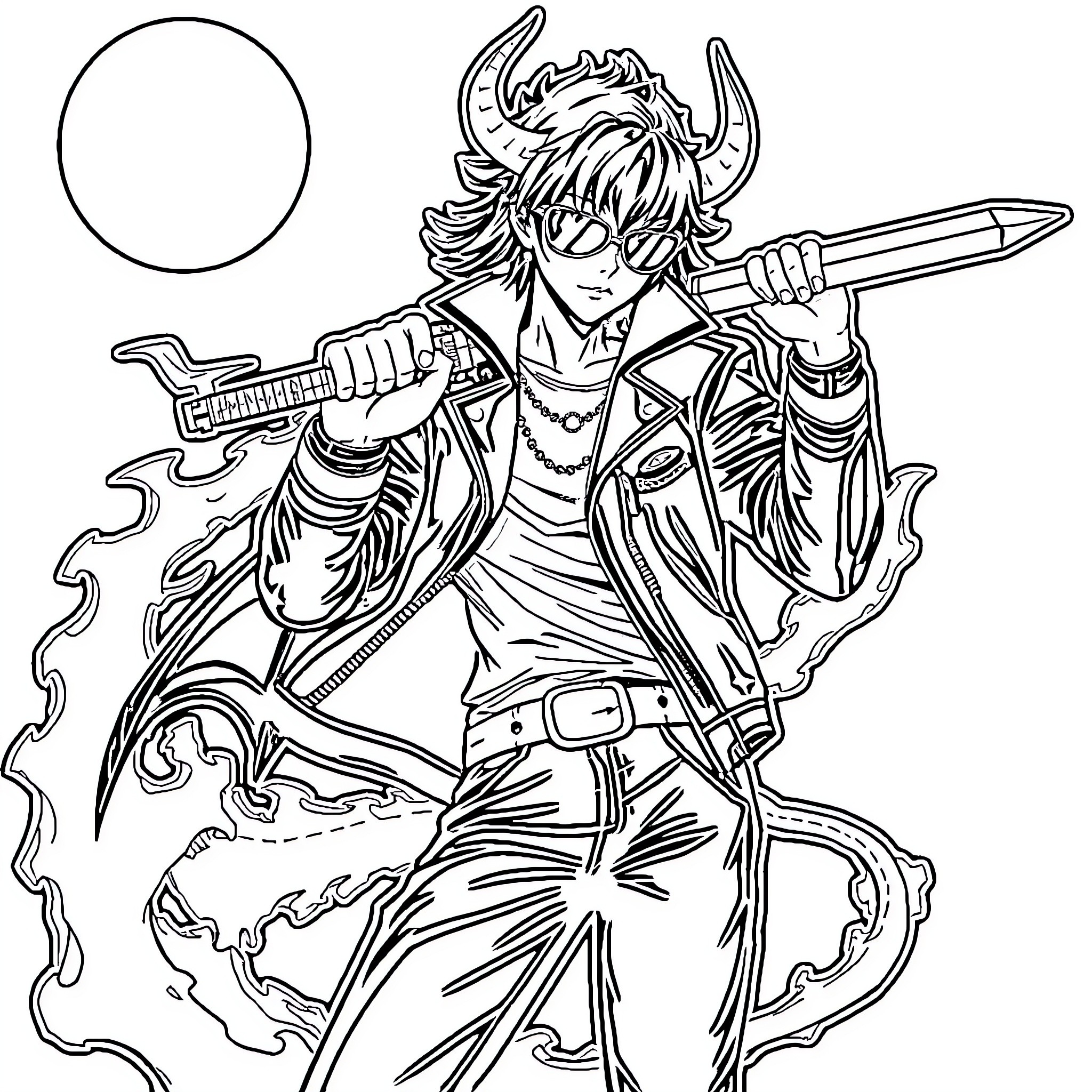 Demon Hunter wielding fiery swords in action Coloring Page (free black-and-white line drawing printable PDF for all, from beginners to advanced learners, including children, teens, adults, and seniors)