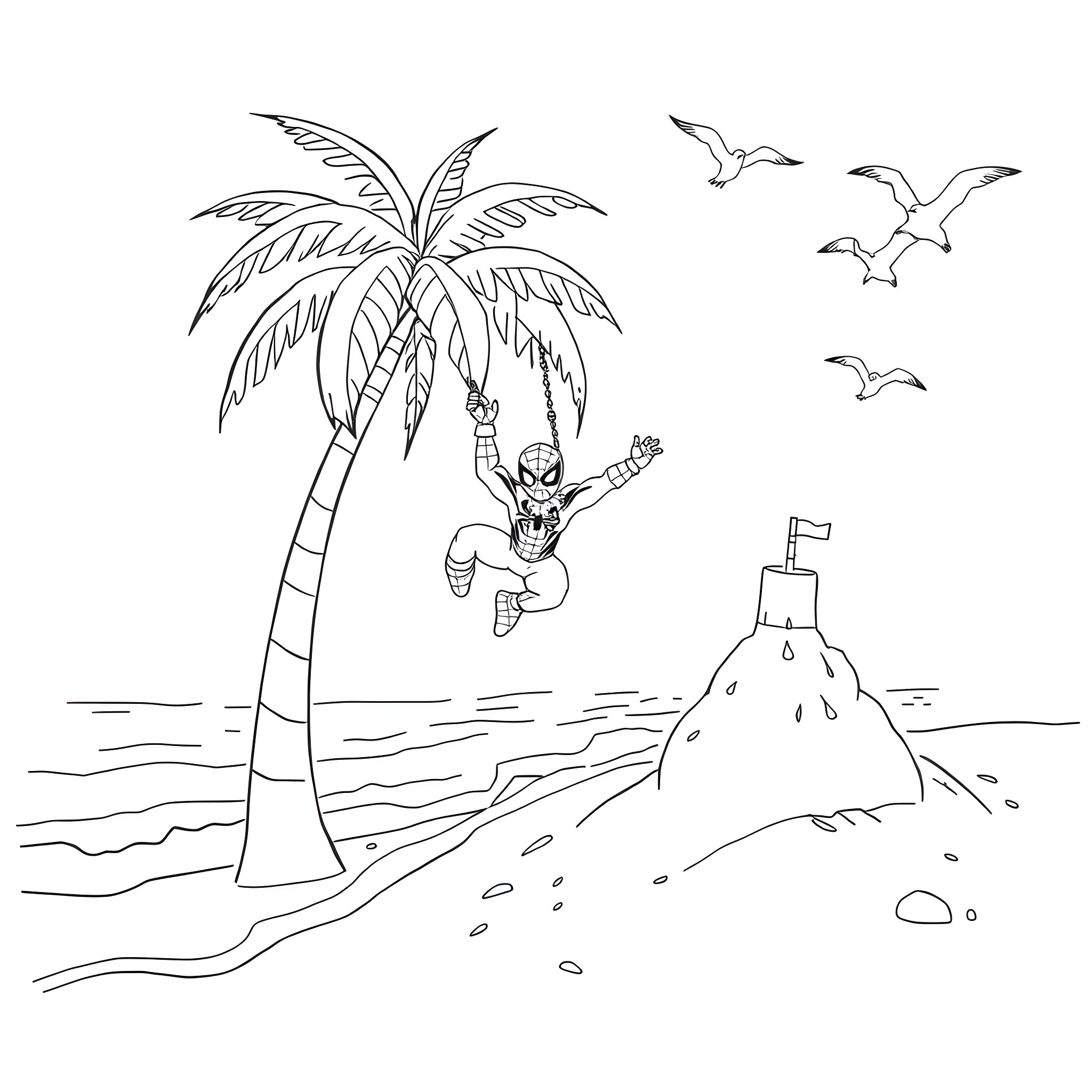 Spiderman swinging through the air over a tropical beach Coloring Page (free black-and-white line drawing printable PDF for all, from beginners to advanced learners, including children, teens, adults, and seniors)