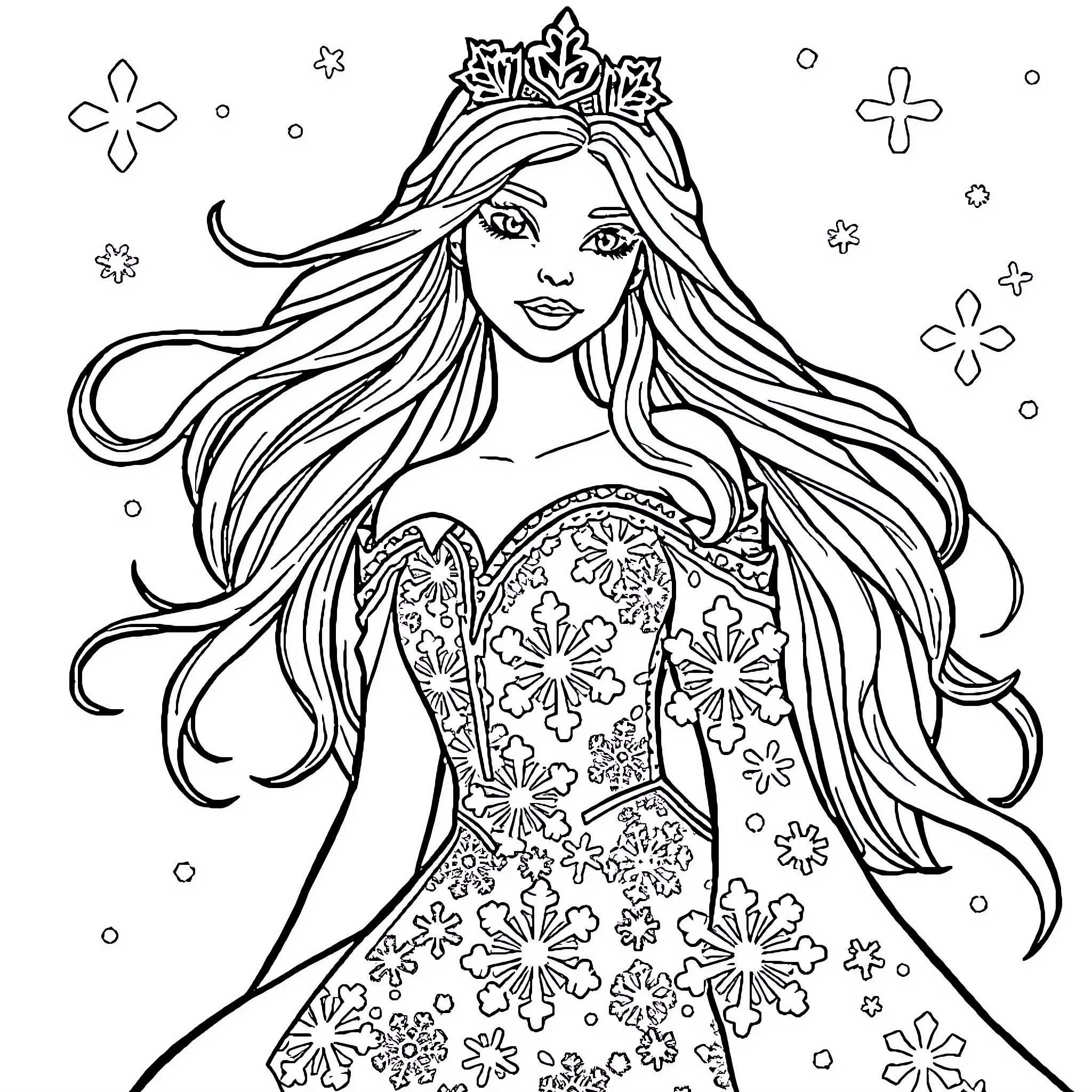 Snow Queen in elegant winter attire Coloring Page (free black-and-white line drawing printable PDF for all, from beginners to advanced learners, including children, teens, adults, and seniors)