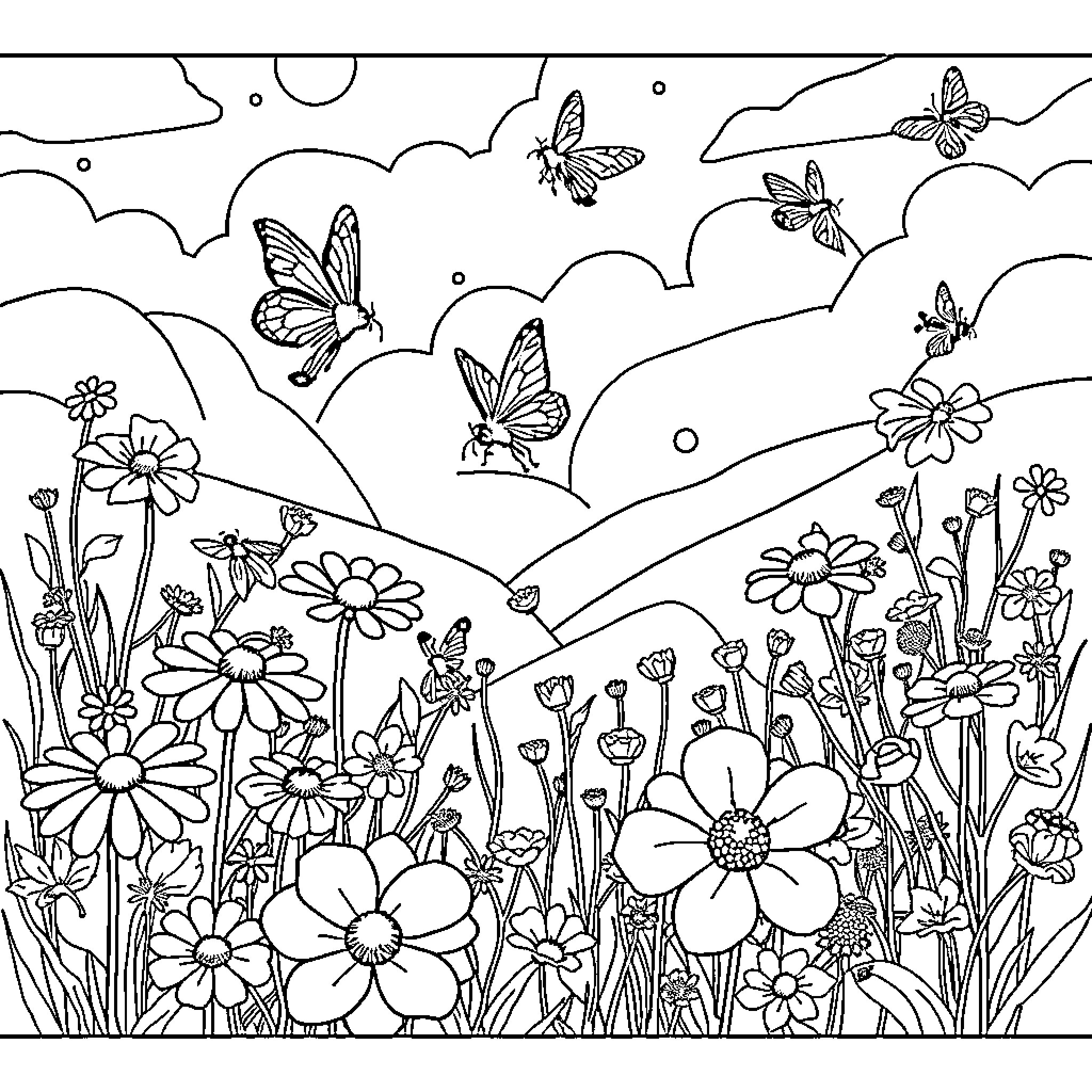 Shape of Fluttering Flowers and Butterflies Coloring Page (free black-and-white line drawing printable PDF for all, from beginners to advanced learners, including children, teens, adults, and seniors)