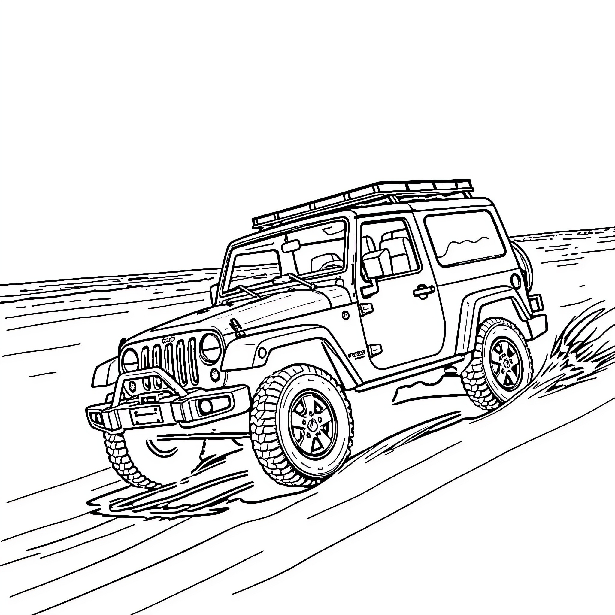 4x4 Jeep Adventure through Rugged Terrain Coloring Page (free black-and-white line drawing printable PDF for all, from beginners to advanced learners, including children, teens, adults, and seniors)