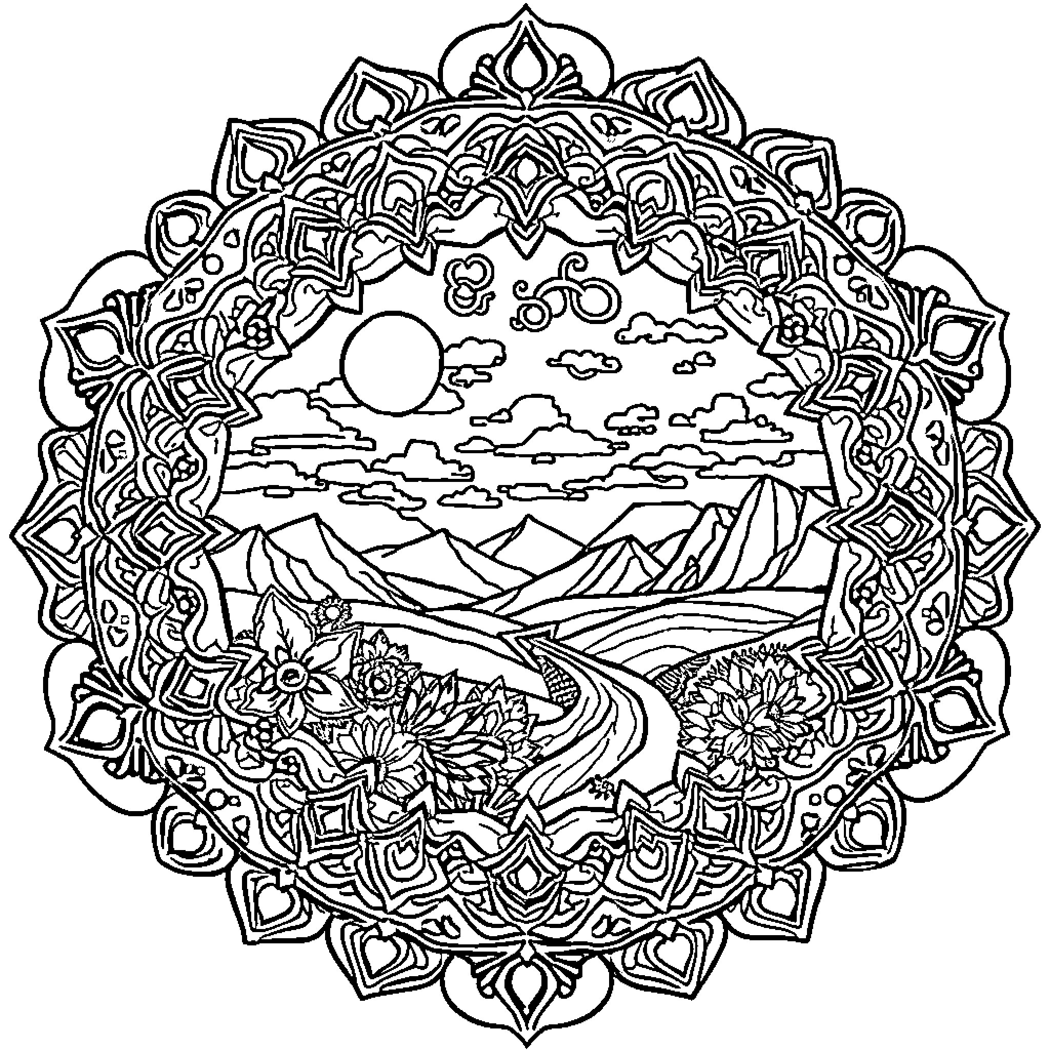 Landscape of mountains and clouds in mandala frame Coloring Page (free black-and-white line drawing printable PDF for all, from beginners to advanced learners, including children, teens, adults, and seniors)