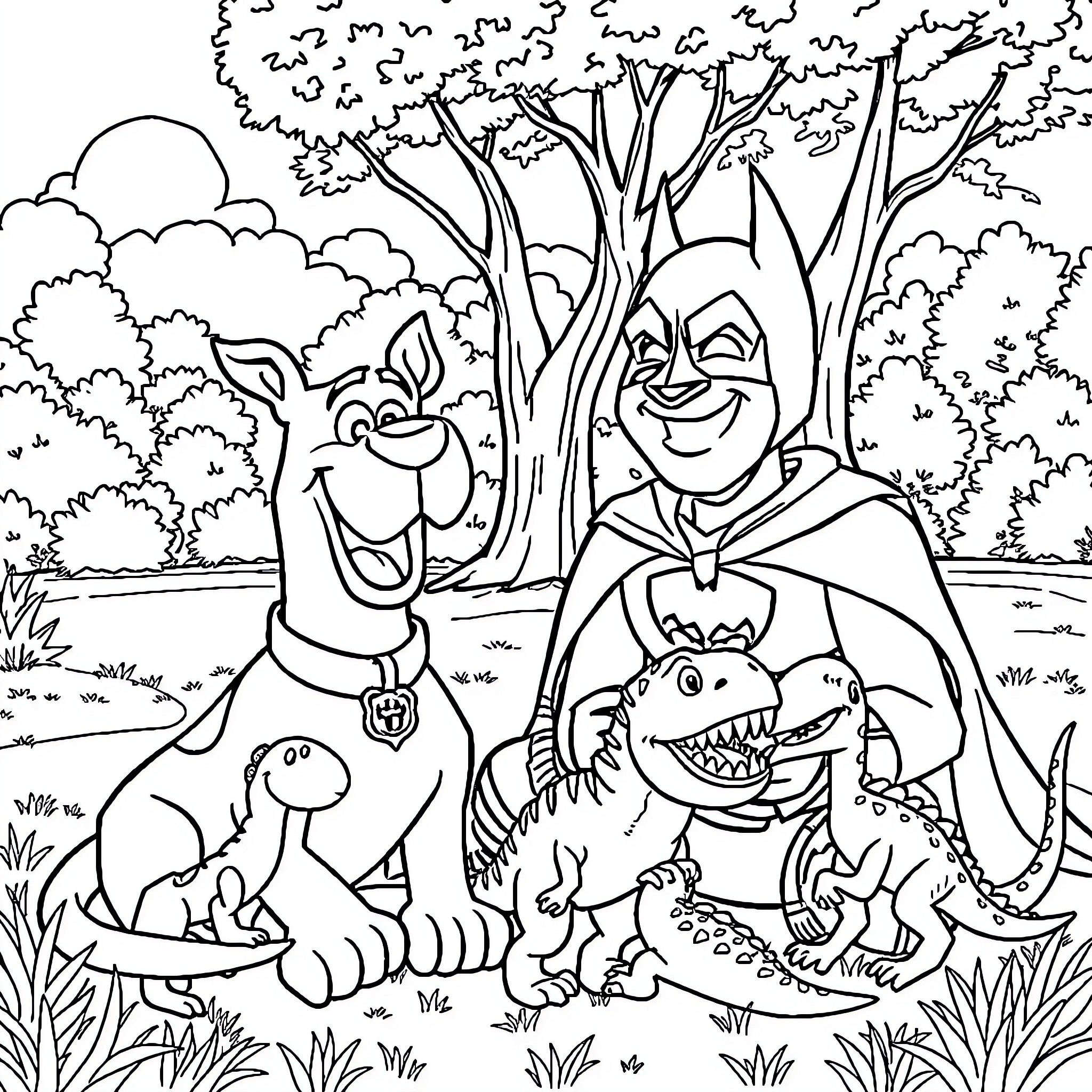 Scooby Doo and friends explore the enchanted forest Coloring Page (free black-and-white line drawing printable PDF for all, from beginners to advanced learners, including children, teens, adults, and seniors)