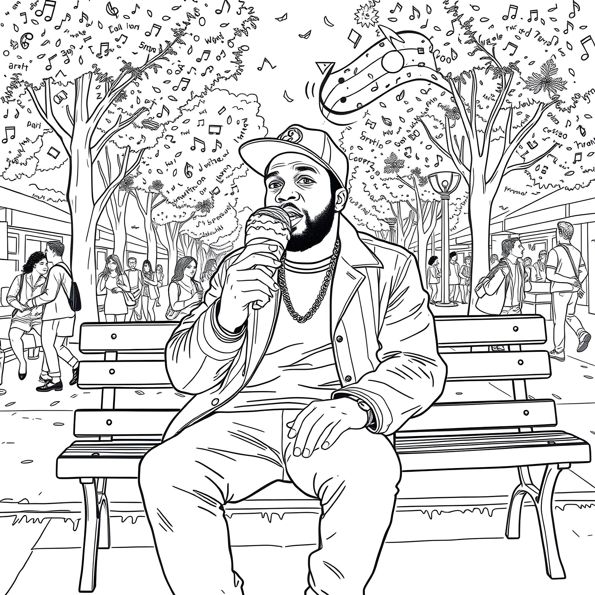 50 Cent performing on stage with music notes Coloring Page (free black-and-white line drawing printable PDF for all, from beginners to advanced learners, including children, teens, adults, and seniors)