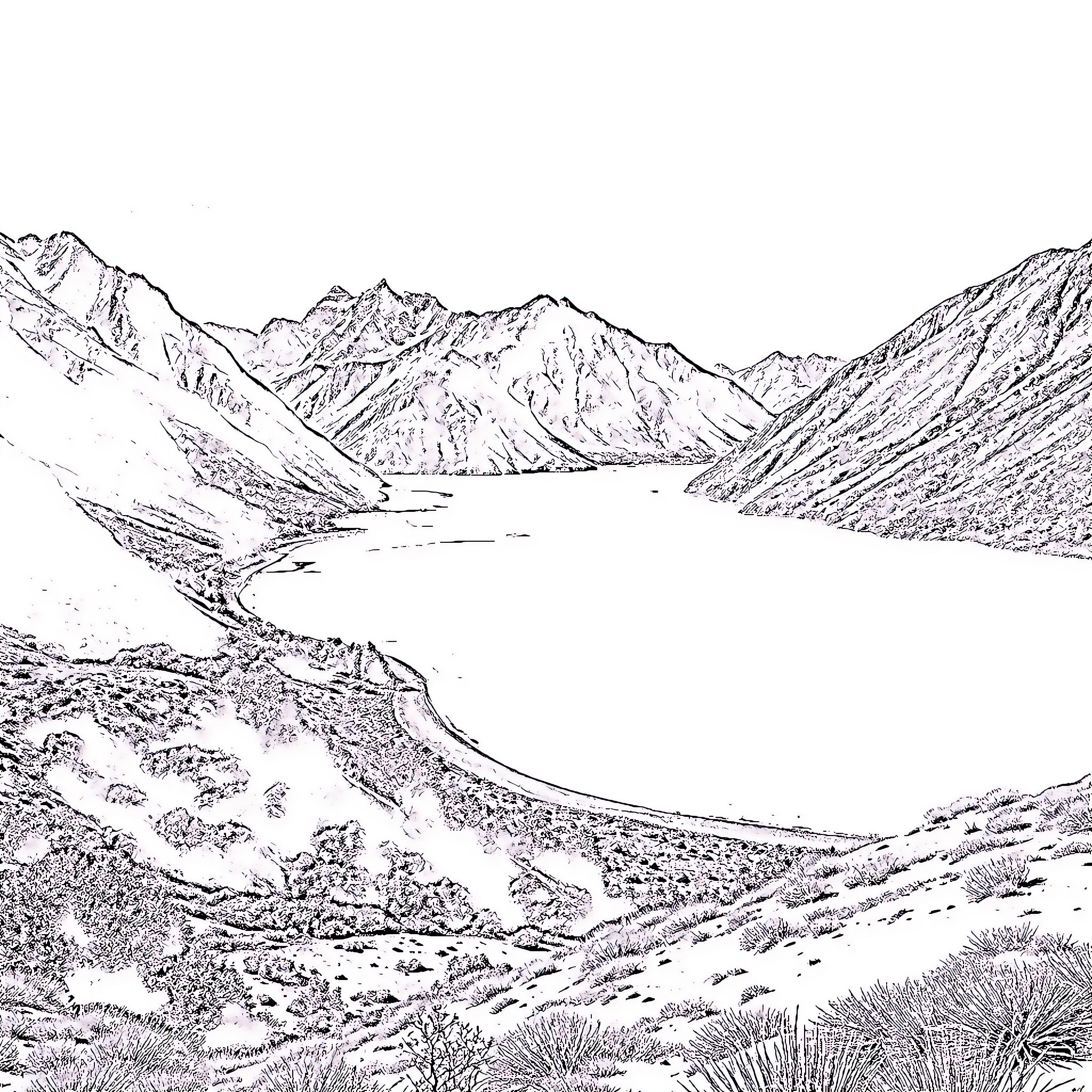 Lake in the Rugged Mountain Landscape Coloring Page (free black-and-white line drawing printable PDF for all, from beginners to advanced learners, including children, teens, adults, and seniors)