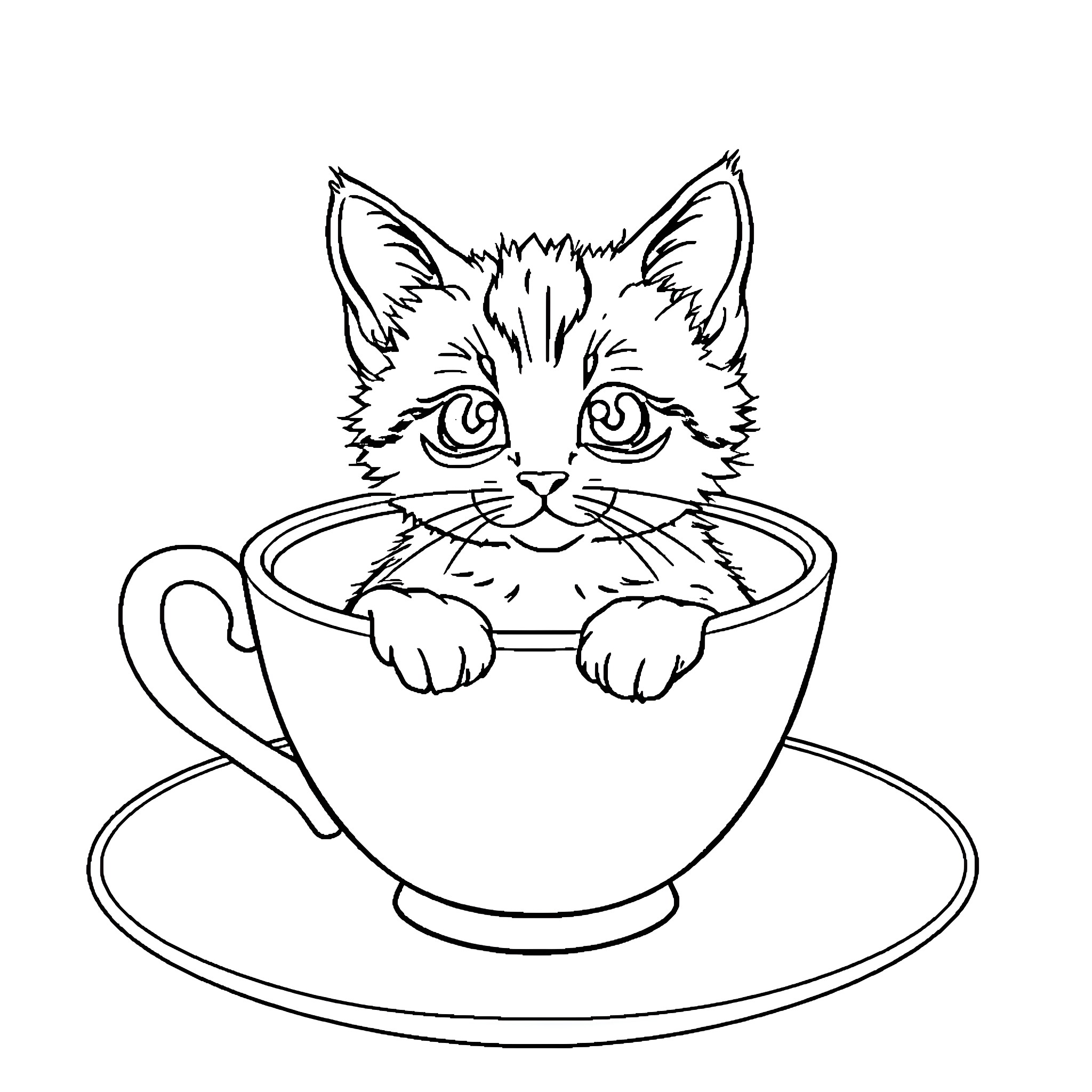 Cat peeking out from a teacup Coloring Page (free black-and-white line drawing printable PDF for all, from beginners to advanced learners, including children, teens, adults, and seniors)