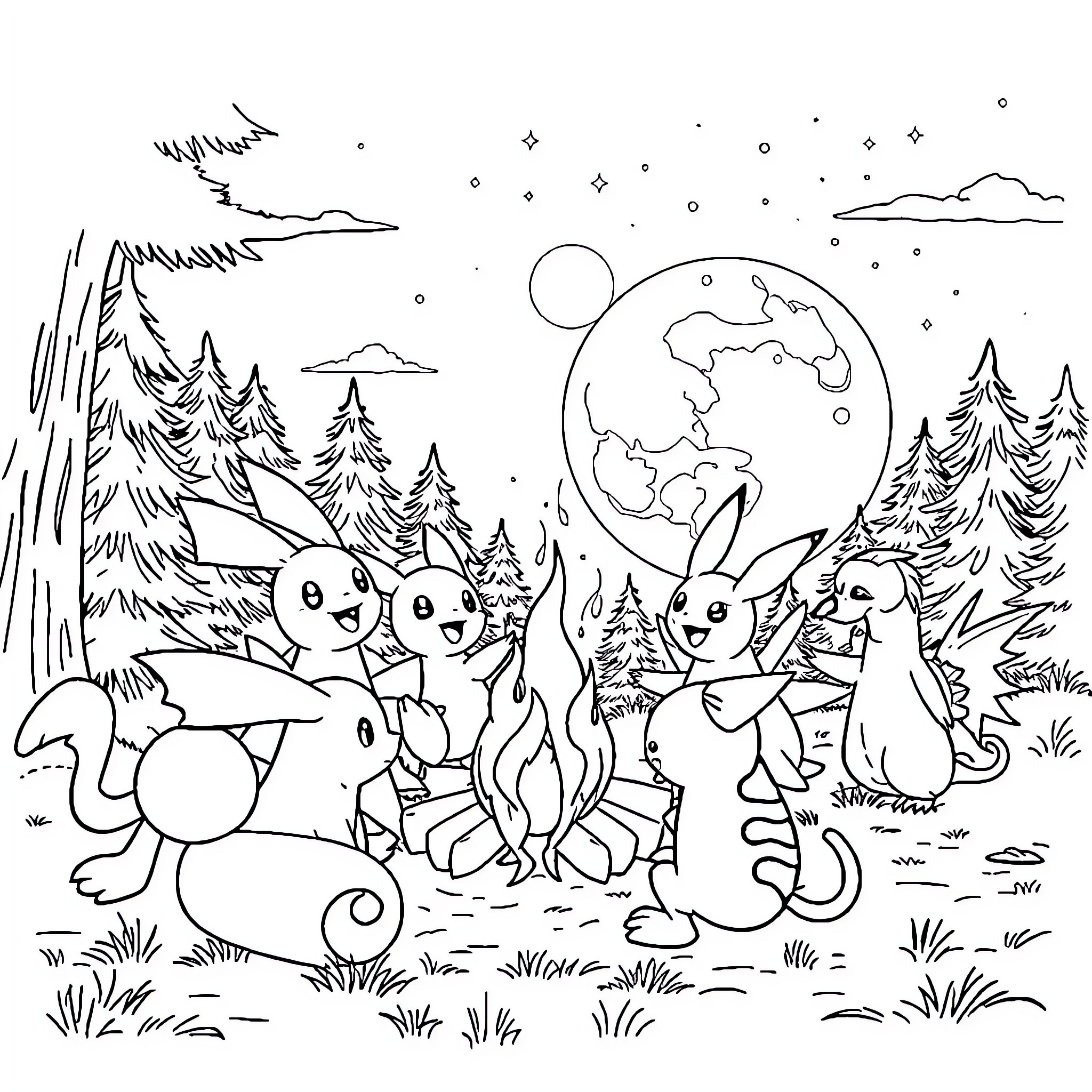 Pokémon Creatures Frolicking in the Wilderness Coloring Page (free black-and-white line drawing printable PDF for all, from beginners to advanced learners, including children, teens, adults, and seniors)