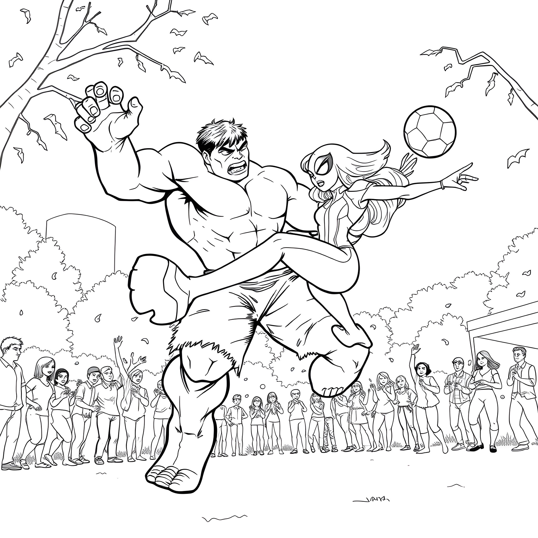 Hulk and Spider-Man heroic encounter before a crowd Coloring Page (free black-and-white line drawing printable PDF for all, from beginners to advanced learners, including children, teens, adults, and seniors)
