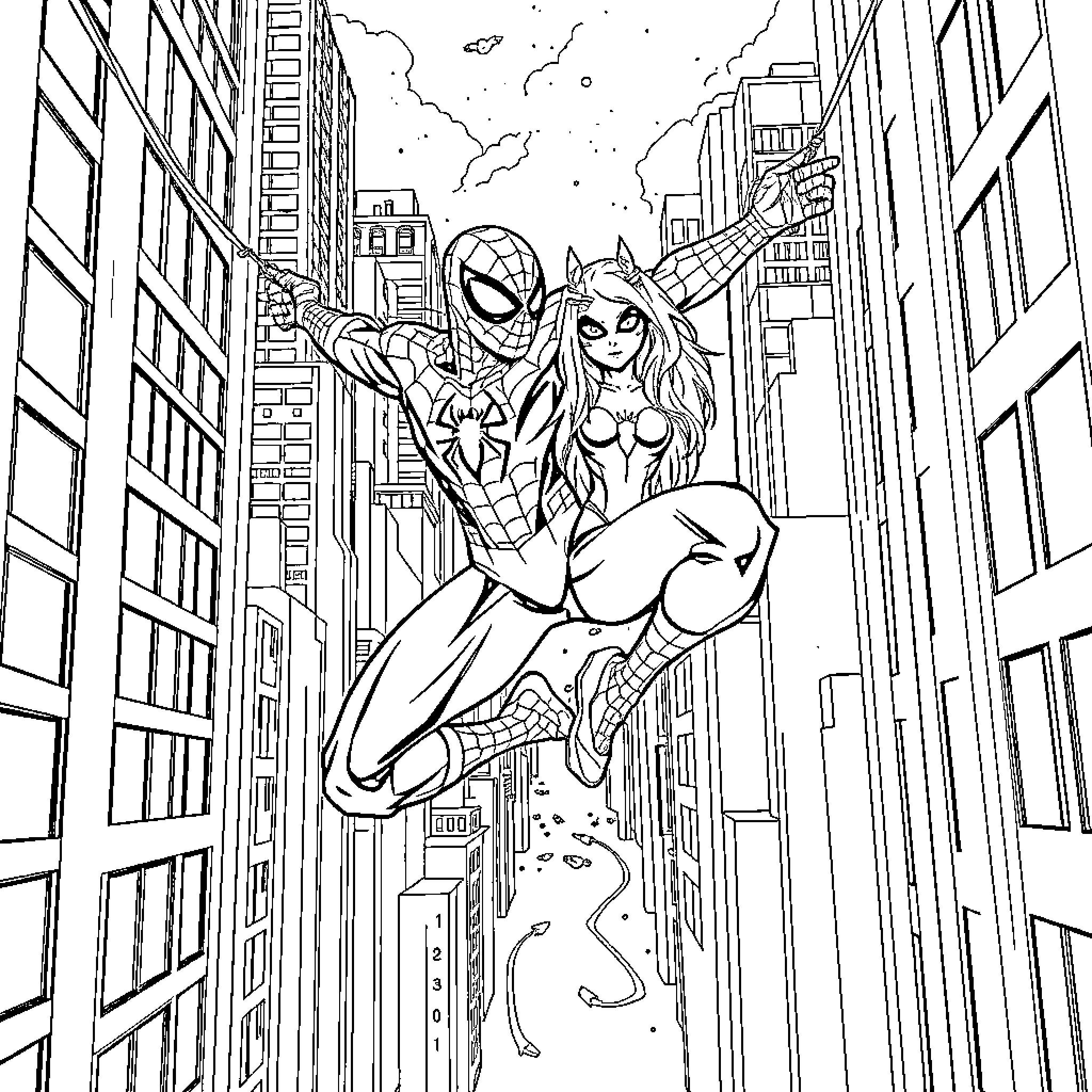 Spider heroes swinging through the city skyline Coloring Page (free black-and-white line drawing printable PDF for all, from beginners to advanced learners, including children, teens, adults, and seniors)