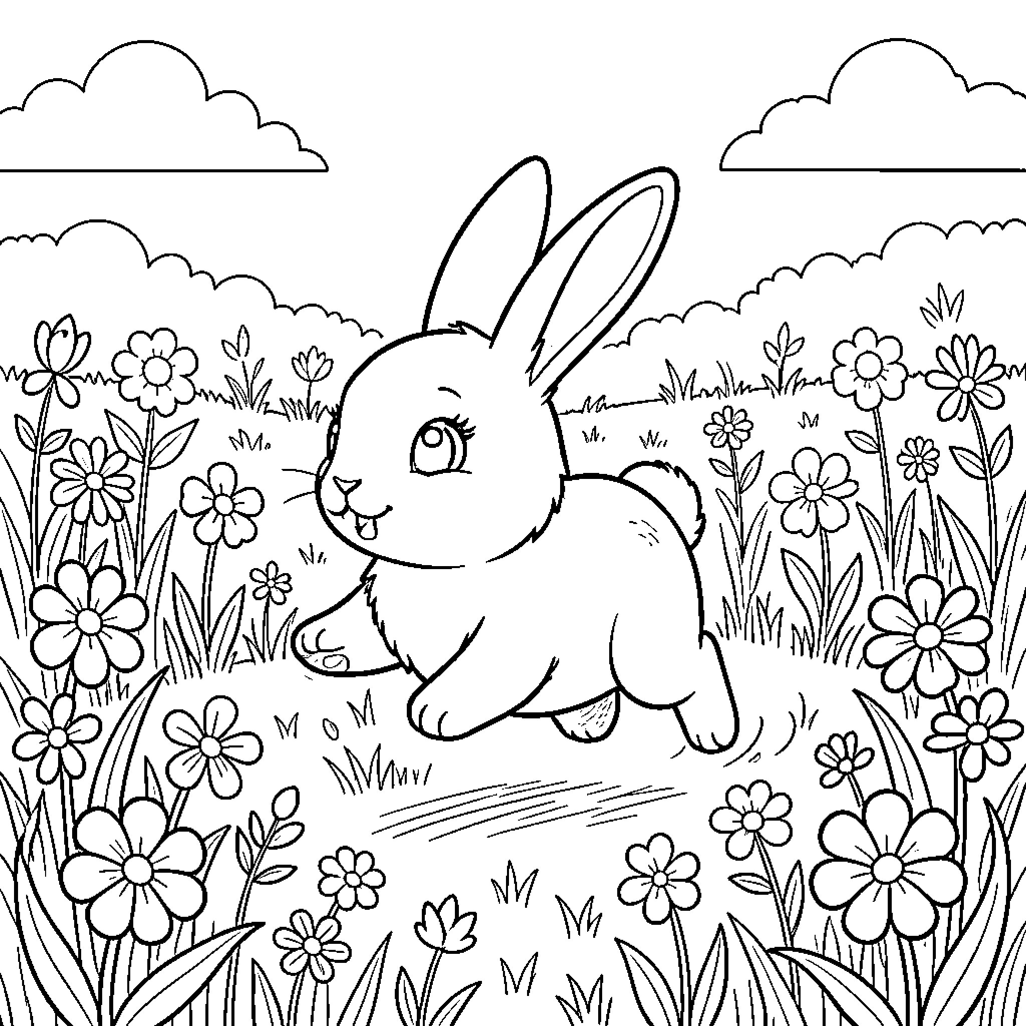Bunny hopping among blooming flowers in the meadow Coloring Page (free black-and-white line drawing printable PDF for all, from beginners to advanced learners, including children, teens, adults, and seniors)