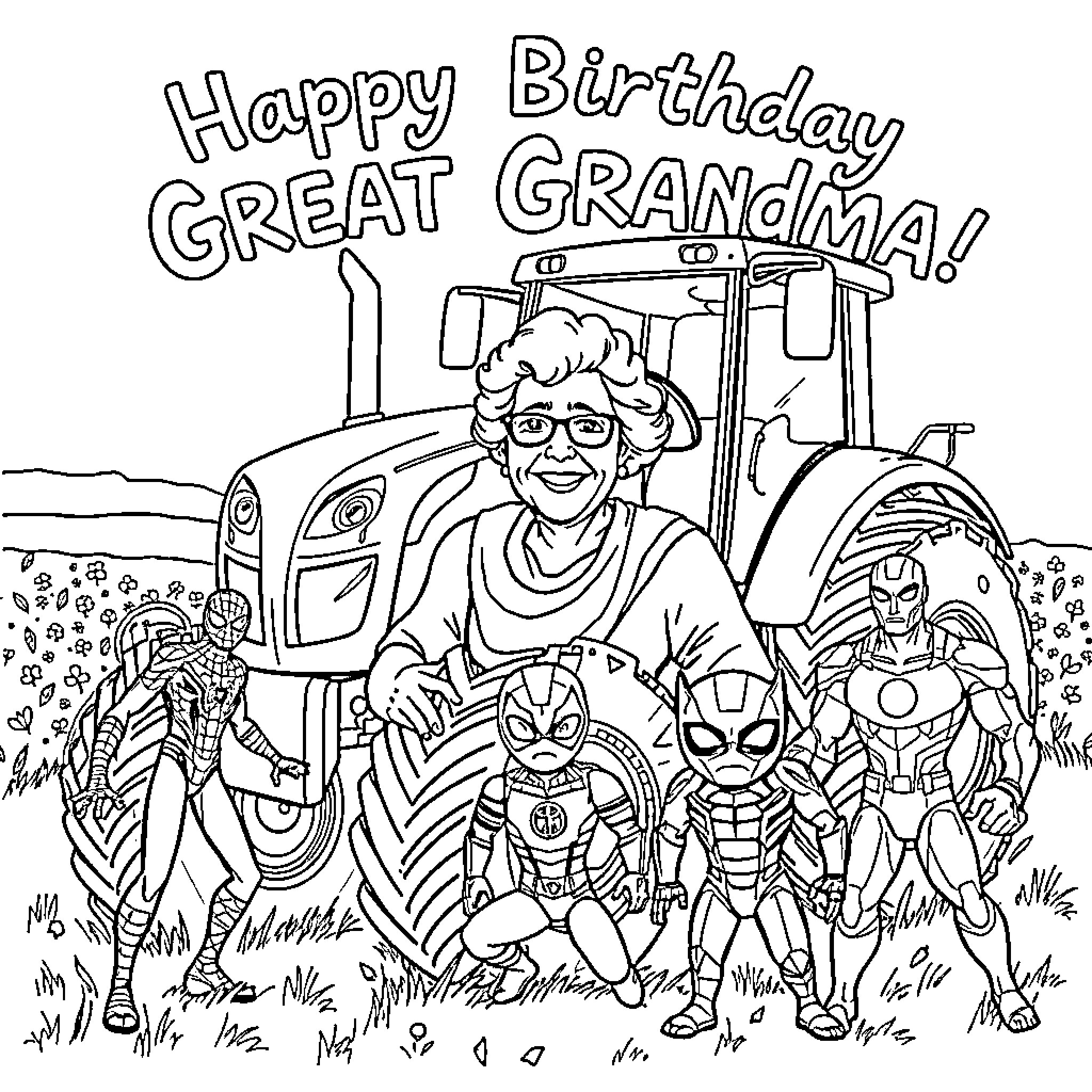 Grandma's Happy Birthday with Farm Animals Coloring Page (free black-and-white line drawing printable PDF for all, from beginners to advanced learners, including children, teens, adults, and seniors)