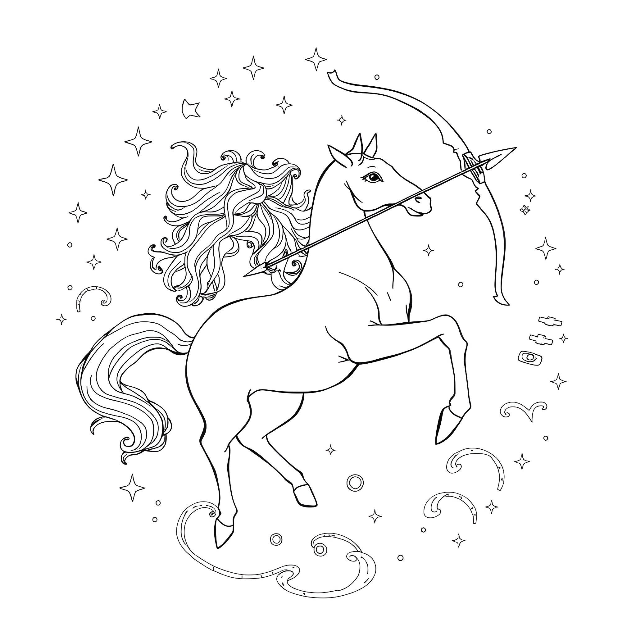 Sagittarius unicorn archery in the starry night Coloring Page (free black-and-white line drawing printable PDF for all, from beginners to advanced learners, including children, teens, adults, and seniors)