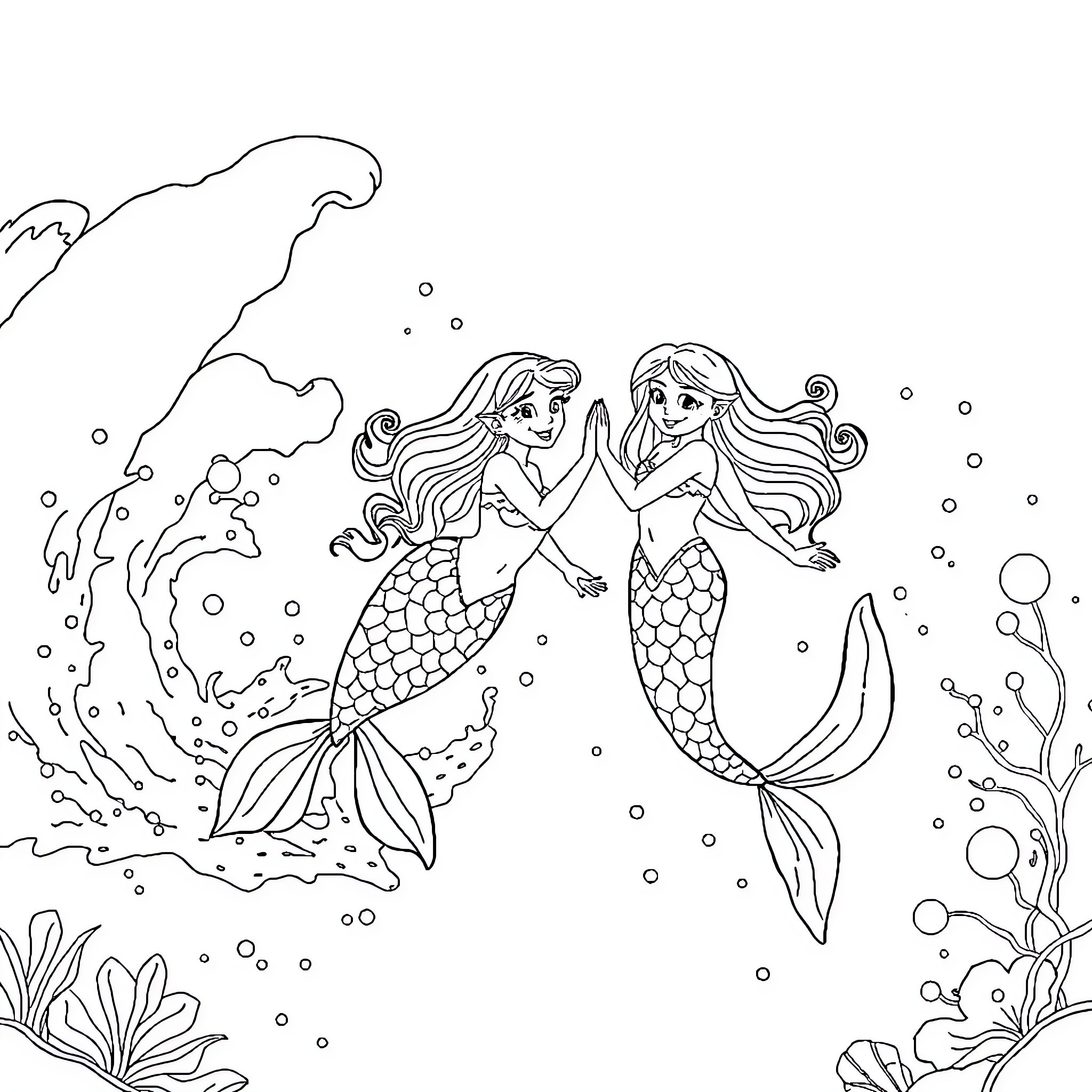 Mermaid friends swimming in the ocean Coloring Page (free black-and-white line drawing printable PDF for all, from beginners to advanced learners, including children, teens, adults, and seniors)