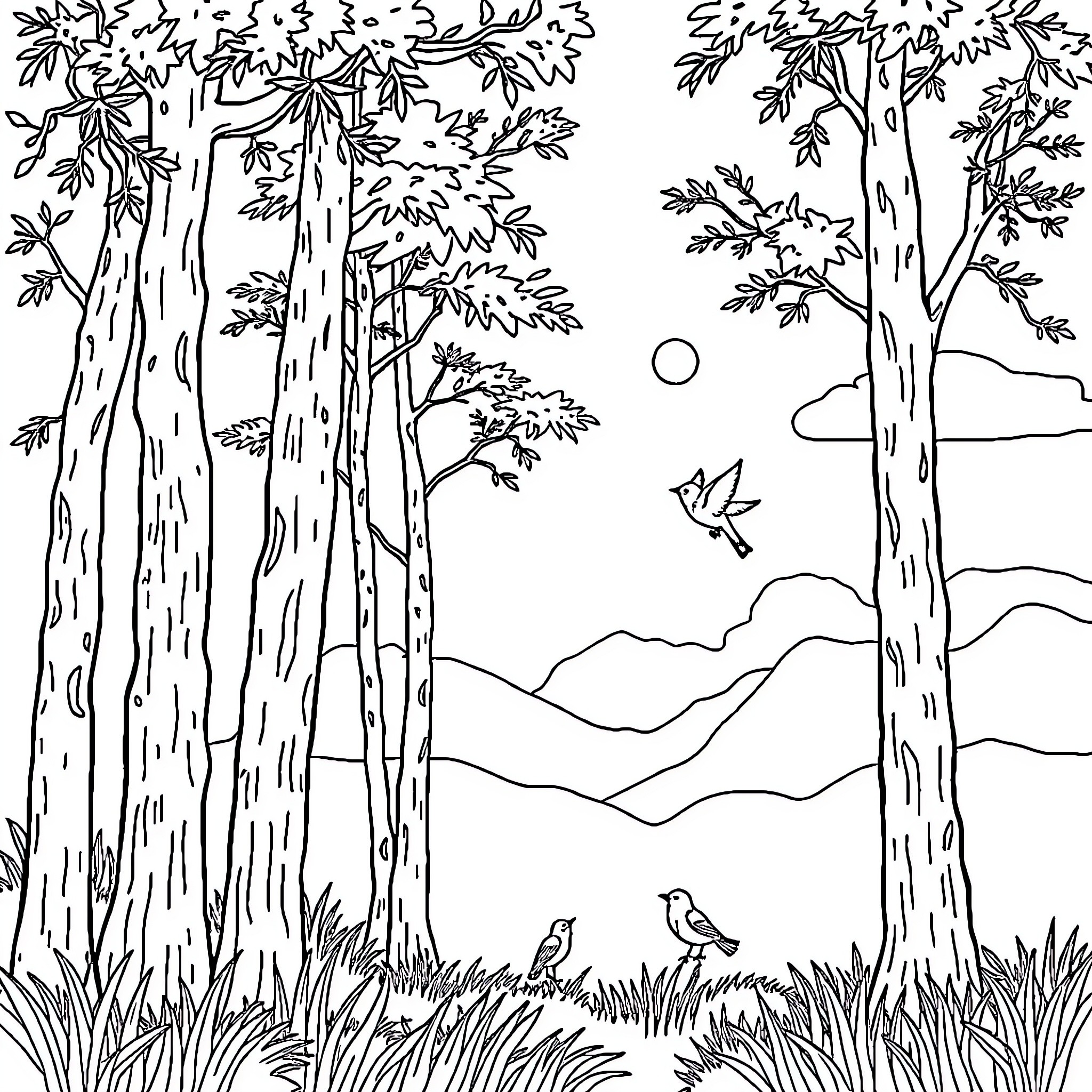Alam's Peaceful Forest Scene Coloring Page (free black-and-white line drawing printable PDF for all, from beginners to advanced learners, including children, teens, adults, and seniors)