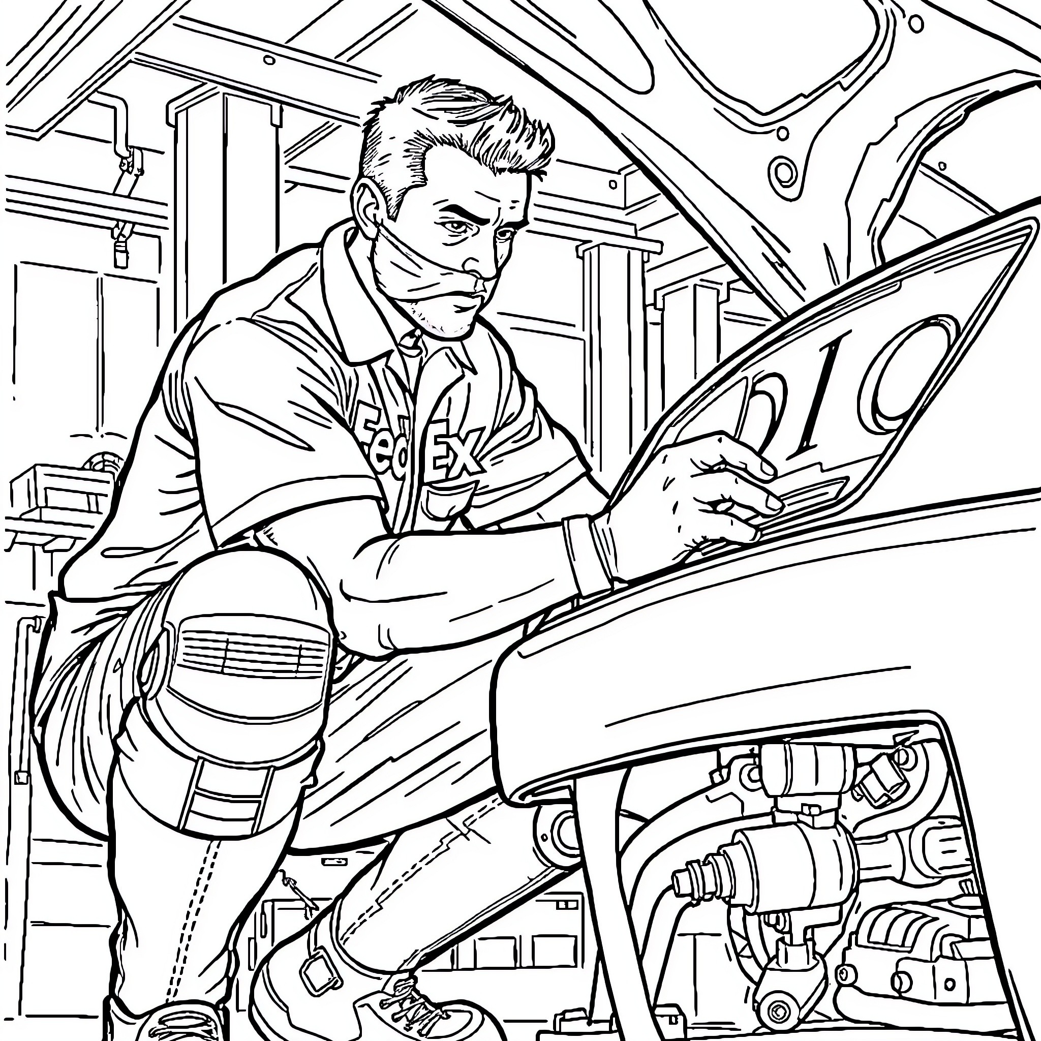 Mechanic Repairing Car Engine in Auto Shop Coloring Page (free black-and-white line drawing printable PDF for all, from beginners to advanced learners, including children, teens, adults, and seniors)