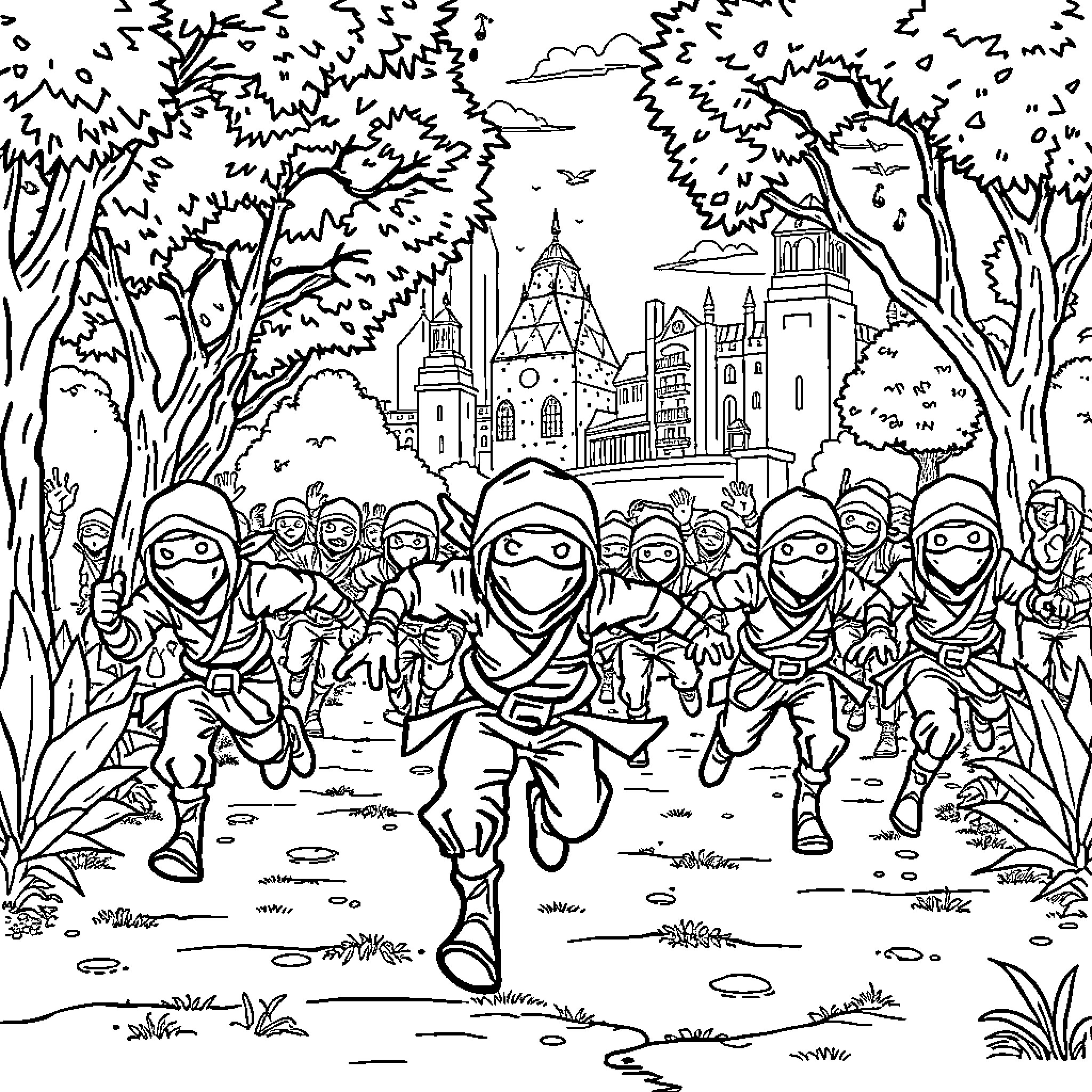 Ninja warriors rushing through a mystical forest Coloring Page (free black-and-white line drawing printable PDF for all, from beginners to advanced learners, including children, teens, adults, and seniors)