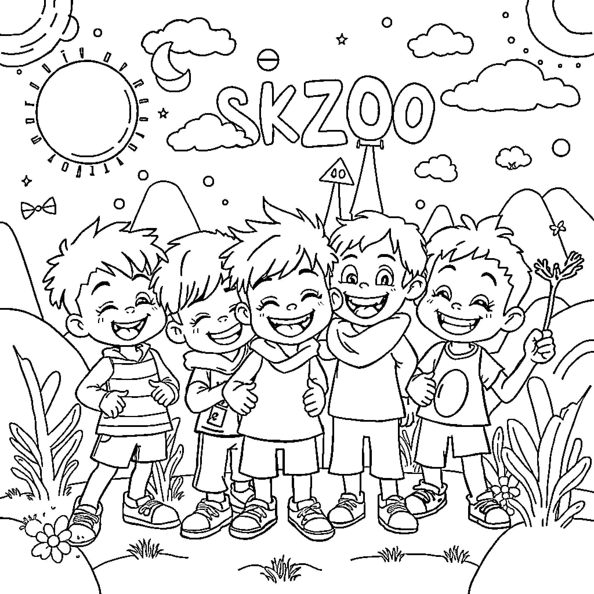 Stray Kids Enjoying Outdoor Adventure at SKZOO Coloring Page (free black-and-white line drawing printable PDF for all, from beginners to advanced learners, including children, teens, adults, and seniors)