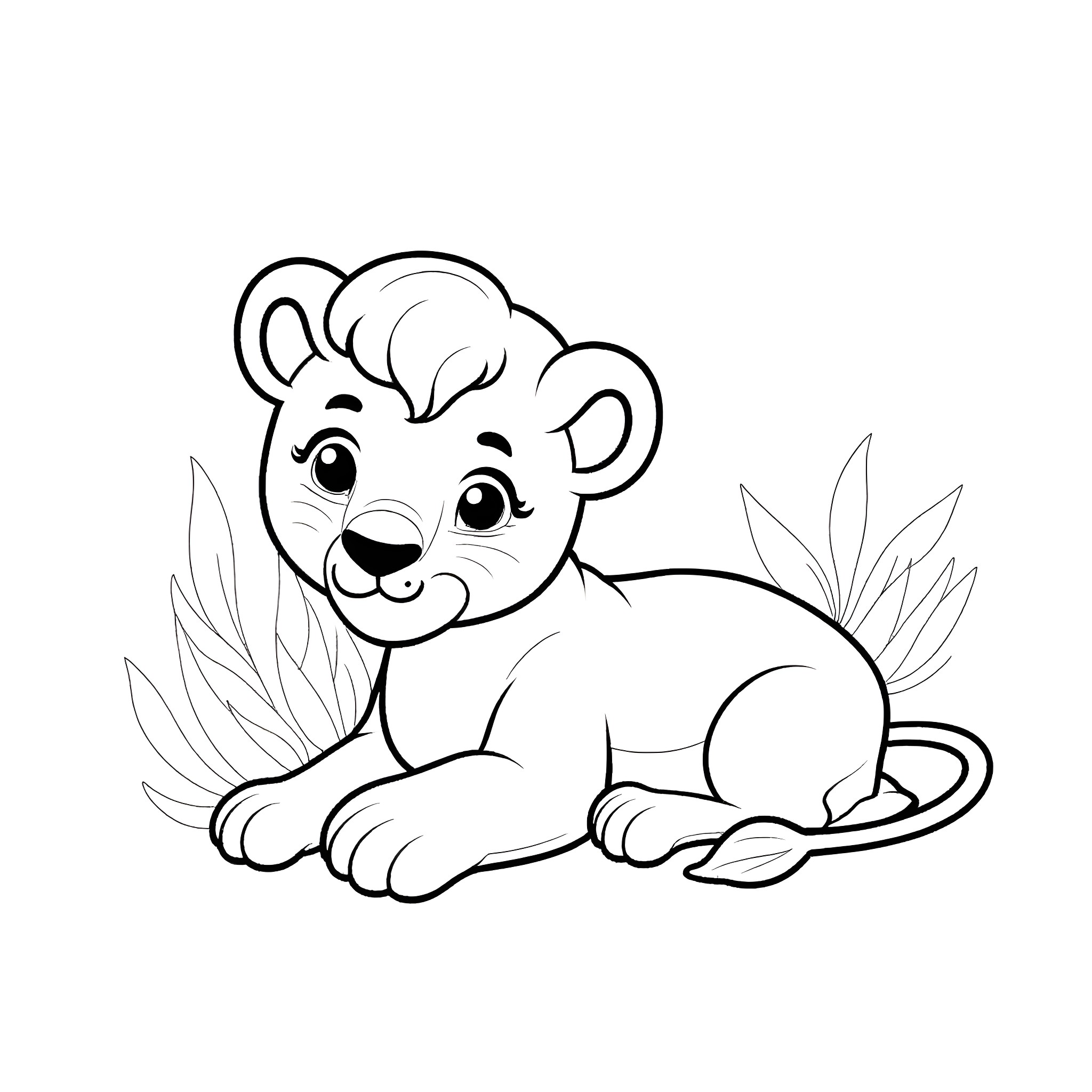 Lion cub resting in the grass Coloring Page (free black-and-white line drawing printable PDF for all, from beginners to advanced learners, including children, teens, adults, and seniors)