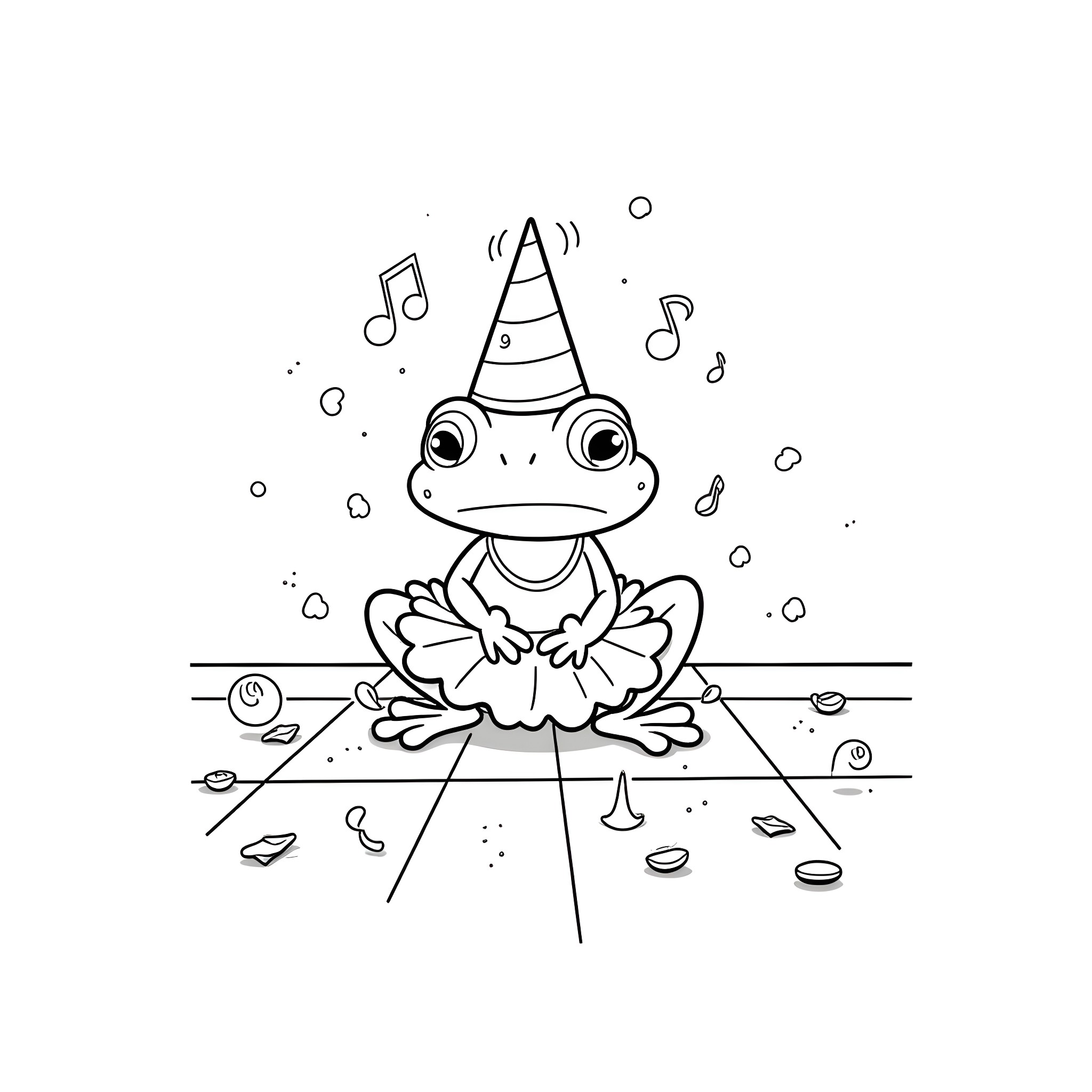 Frog performing in a musical theater Coloring Page (free black-and-white line drawing printable PDF for all, from beginners to advanced learners, including children, teens, adults, and seniors)