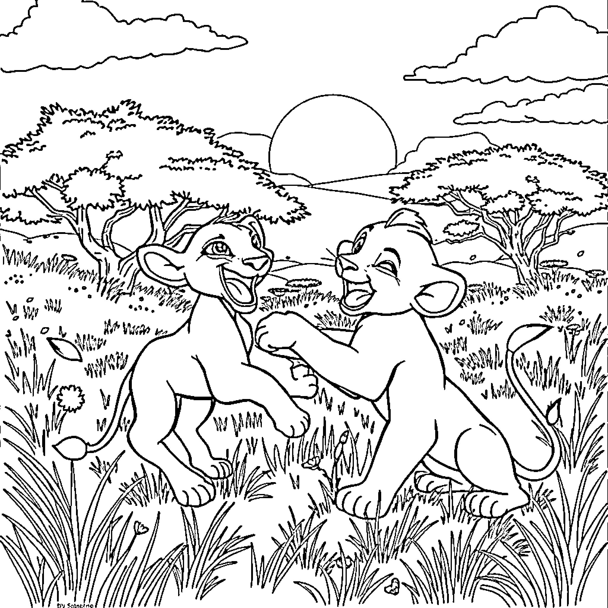 Nala and Simba playing in the savanna landscape Coloring Page (free black-and-white line drawing printable PDF for all, from beginners to advanced learners, including children, teens, adults, and seniors)