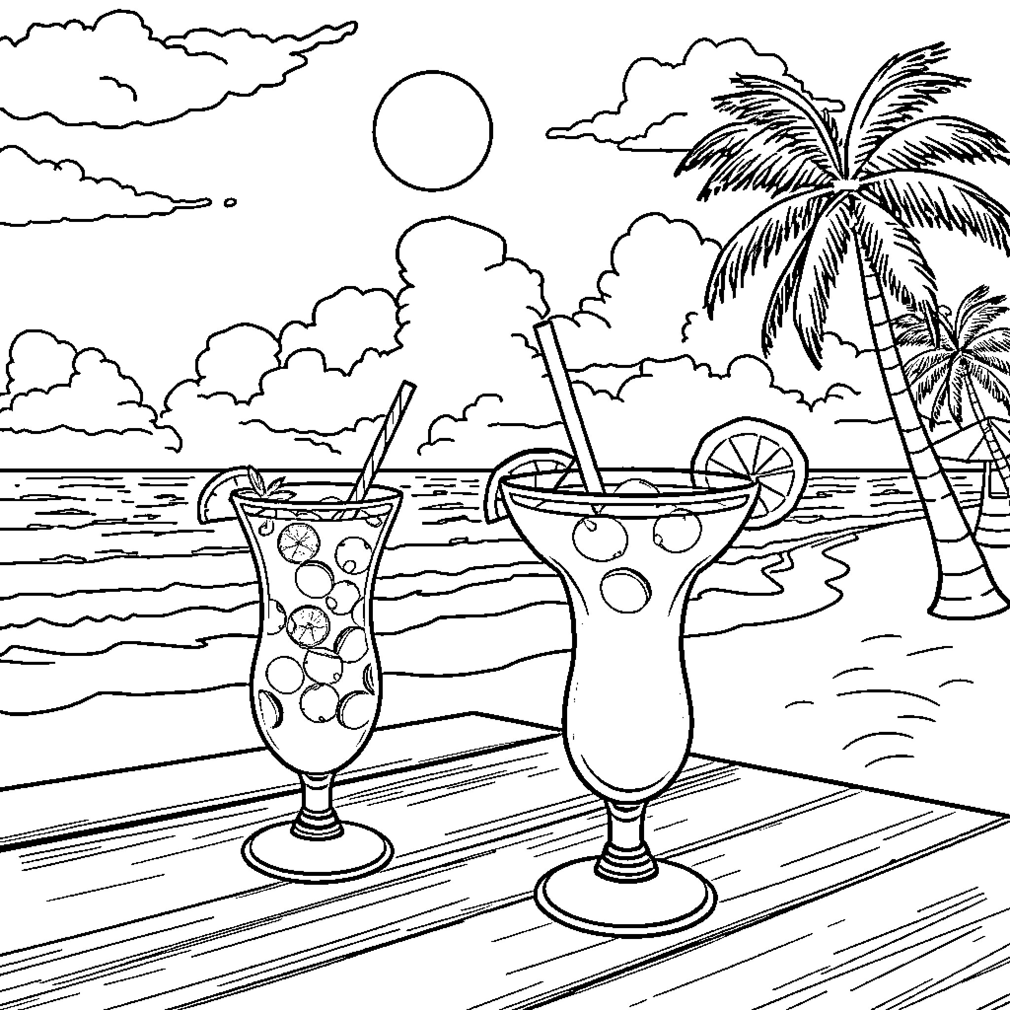 Margarita cocktails on the beach Coloring Page (free black-and-white line drawing printable PDF for all, from beginners to advanced learners, including children, teens, adults, and seniors)