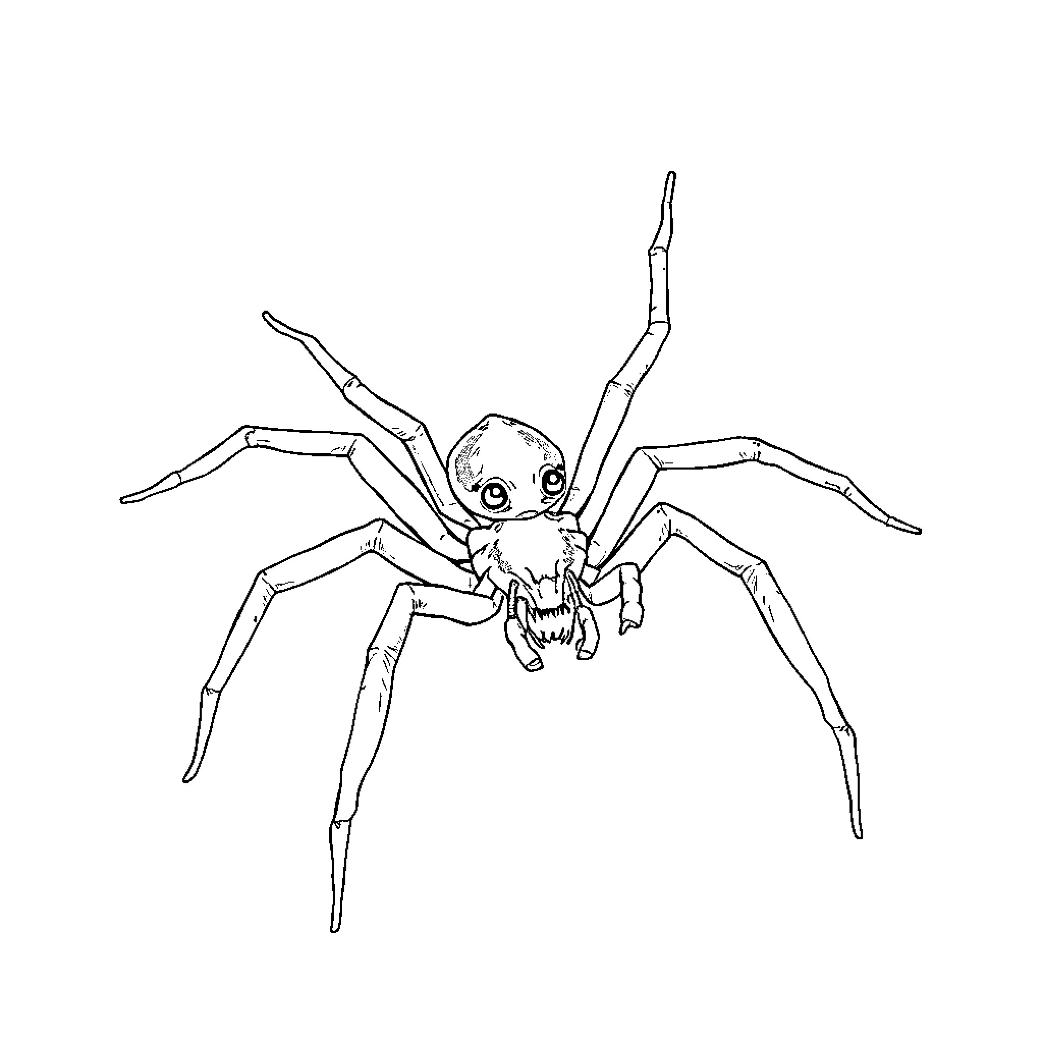 Spider with large eyes and open mouth Coloring Page (free black-and-white line drawing printable PDF for all, from beginners to advanced learners, including children, teens, adults, and seniors)