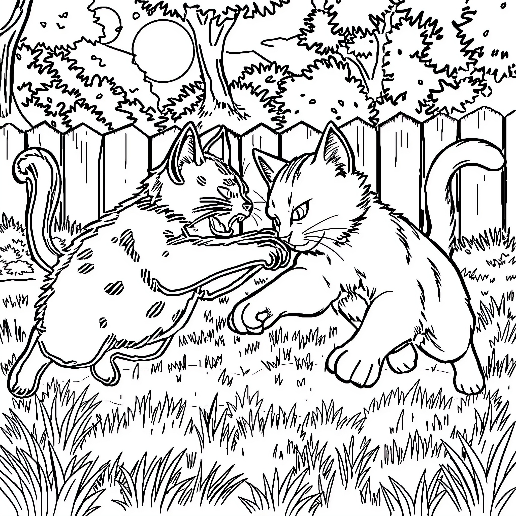 Cats Exploring the Enchanted Forest Coloring Page (free black-and-white line drawing printable PDF for all, from beginners to advanced learners, including children, teens, adults, and seniors)