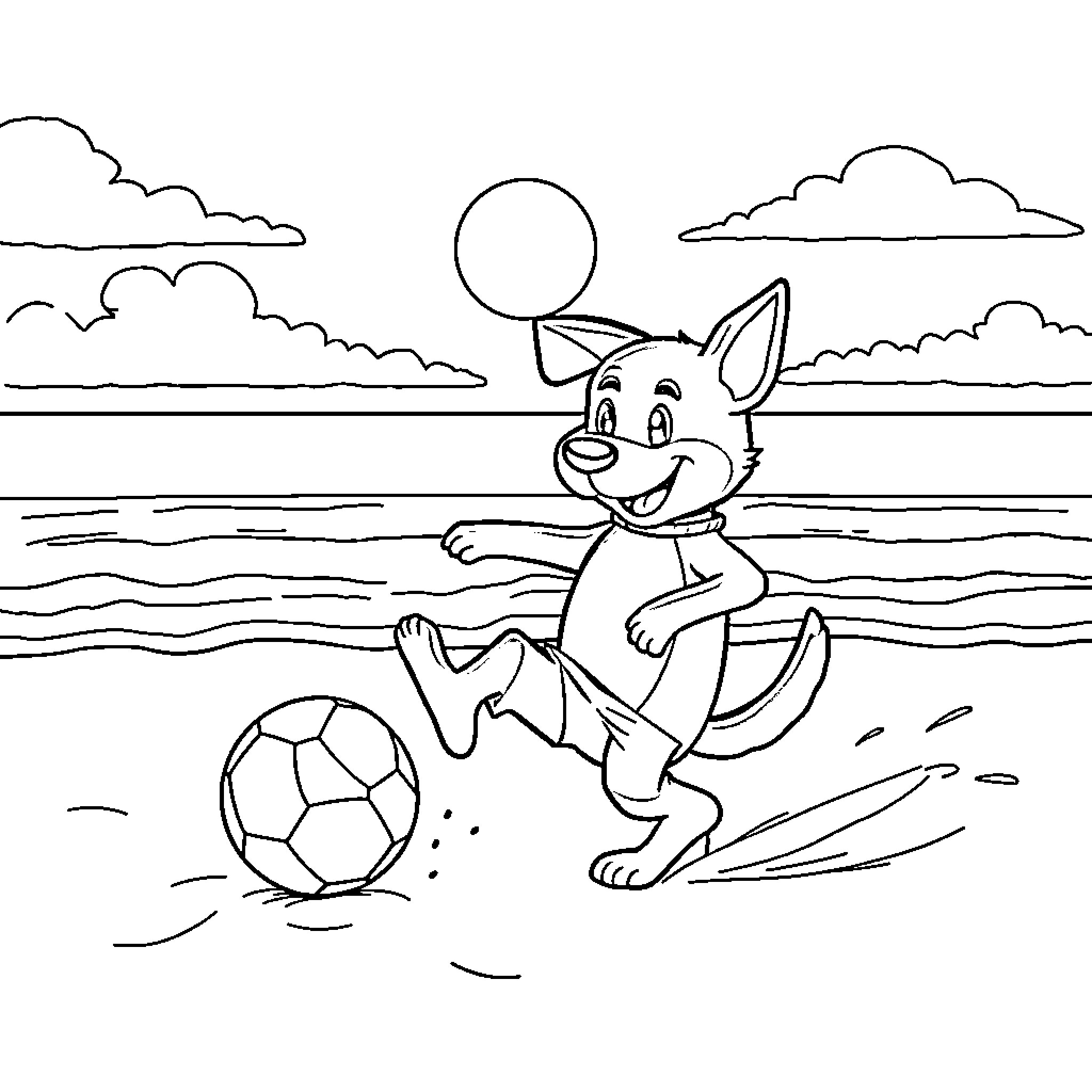 Bluey playing with a soccer ball on the beach Coloring Page (free black-and-white line drawing printable PDF for all, from beginners to advanced learners, including children, teens, adults, and seniors)