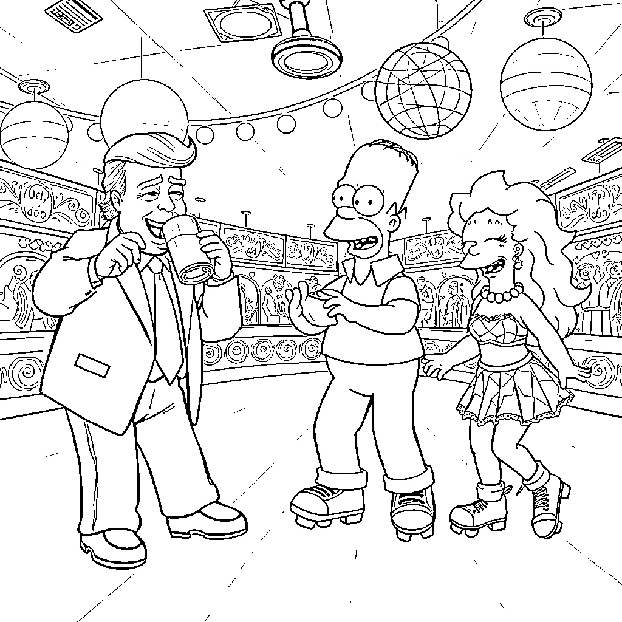 Donald Trump's Simpsons-Inspired Dance Party Coloring Page (free black-and-white line drawing printable PDF for all, from beginners to advanced learners, including children, teens, adults, and seniors)