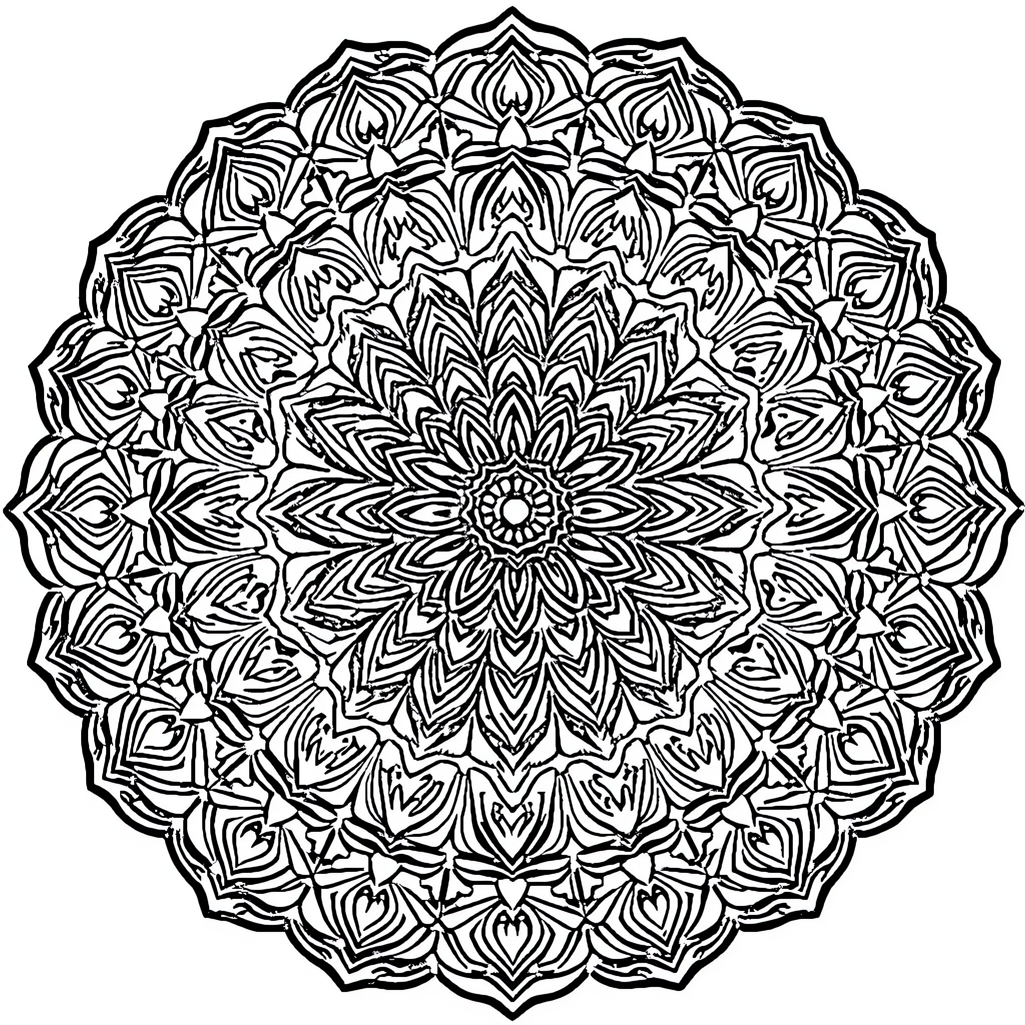Mandala of intricate black and white patterns Coloring Page (free black-and-white line drawing printable PDF for all, from beginners to advanced learners, including children, teens, adults, and seniors)