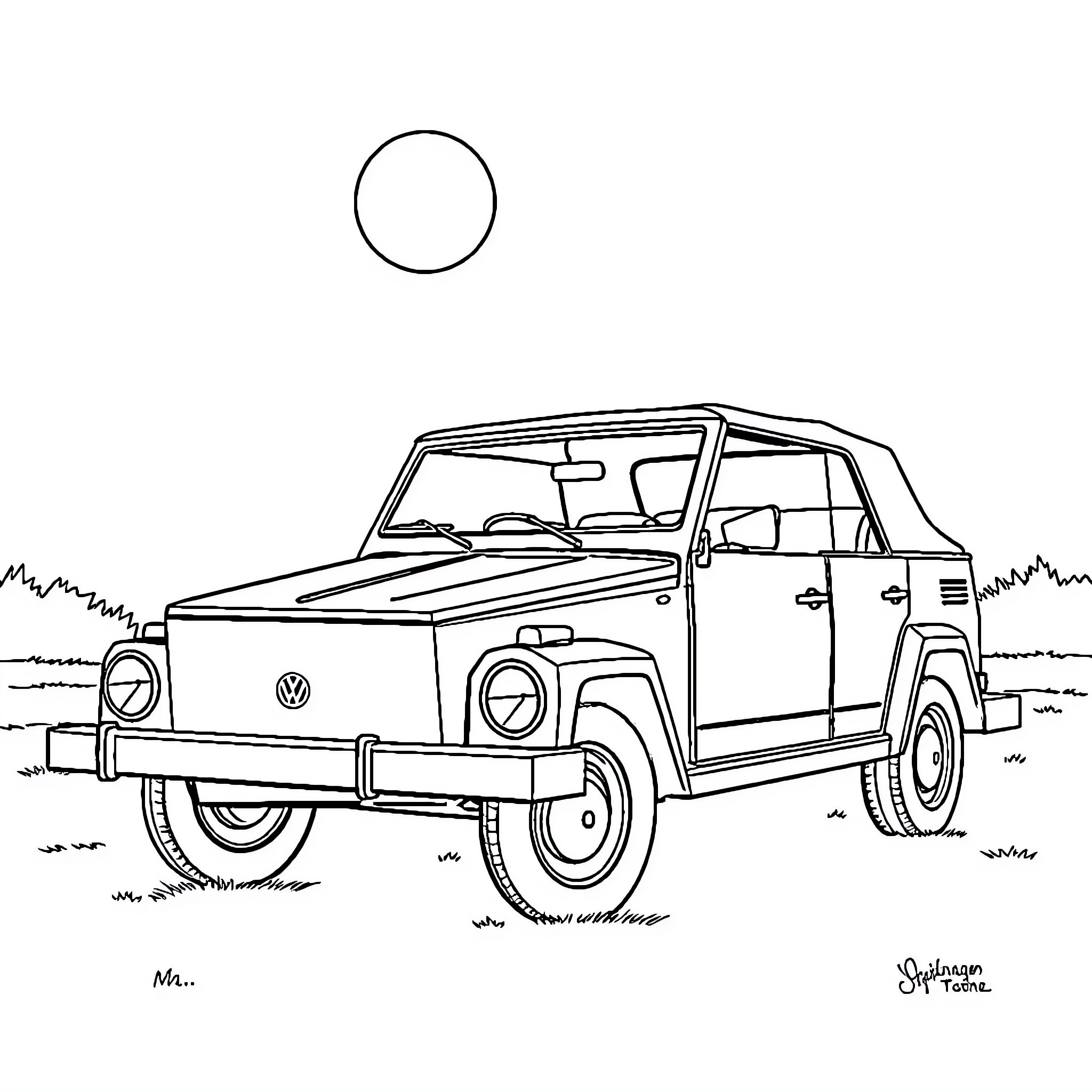 Volkswagen vintage vehicle in rural setting Coloring Page (free black-and-white line drawing printable PDF for all, from beginners to advanced learners, including children, teens, adults, and seniors)