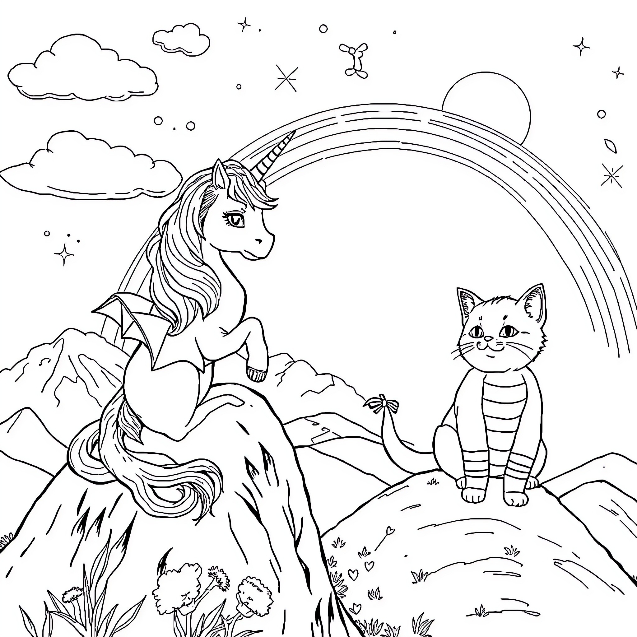 Unicorn and cat in a magical fantasy landscape Coloring Page (free black-and-white line drawing printable PDF for all, from beginners to advanced learners, including children, teens, adults, and seniors)