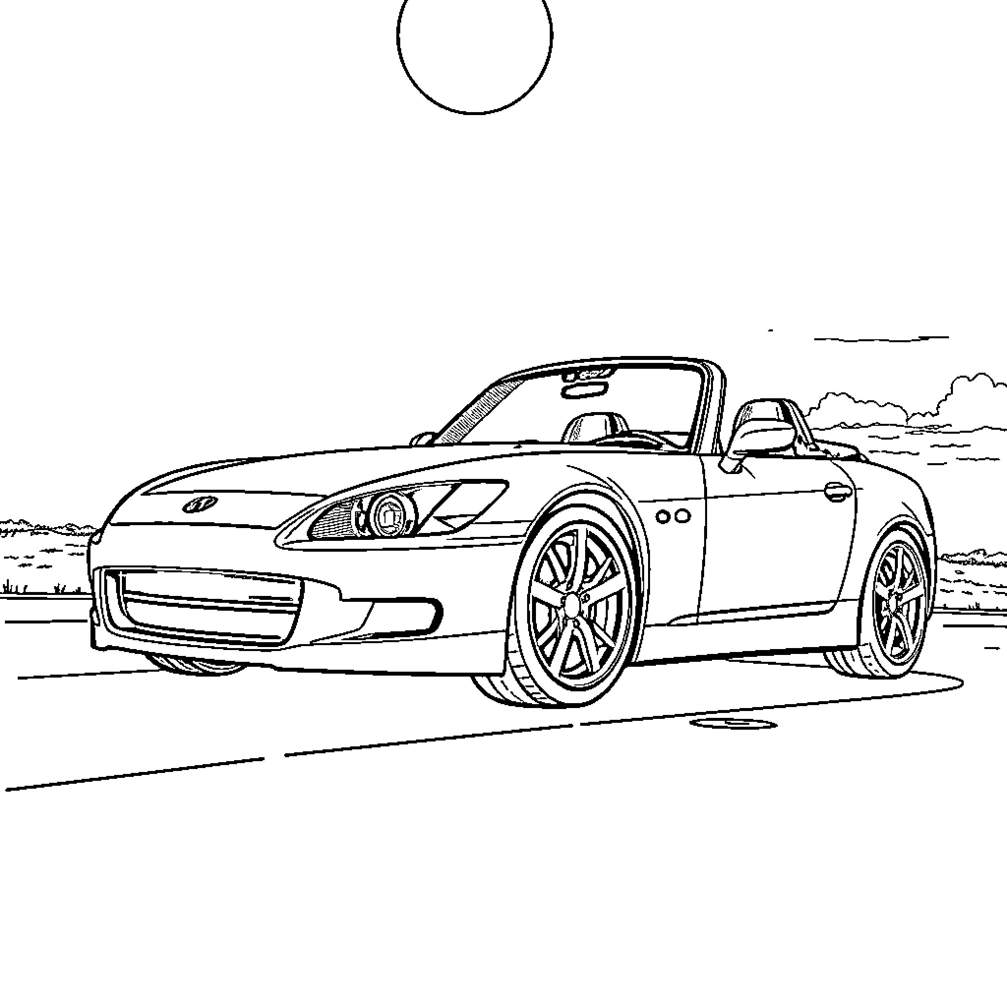 Honda S2000 sports car driving on the road Coloring Page (free black-and-white line drawing printable PDF for all, from beginners to advanced learners, including children, teens, adults, and seniors)