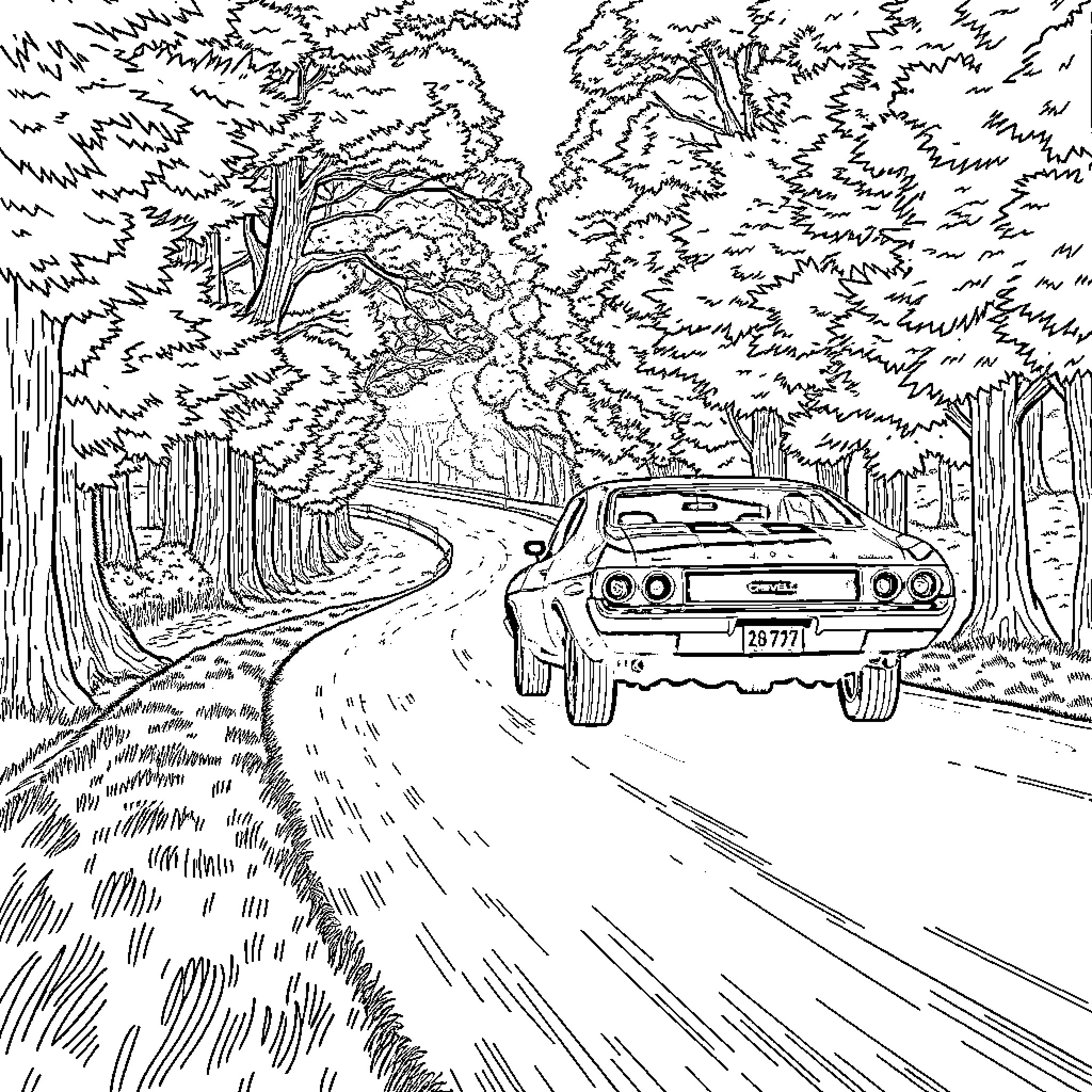 Chevelle speeding down a winding forest road Coloring Page (free black-and-white line drawing printable PDF for all, from beginners to advanced learners, including children, teens, adults, and seniors)
