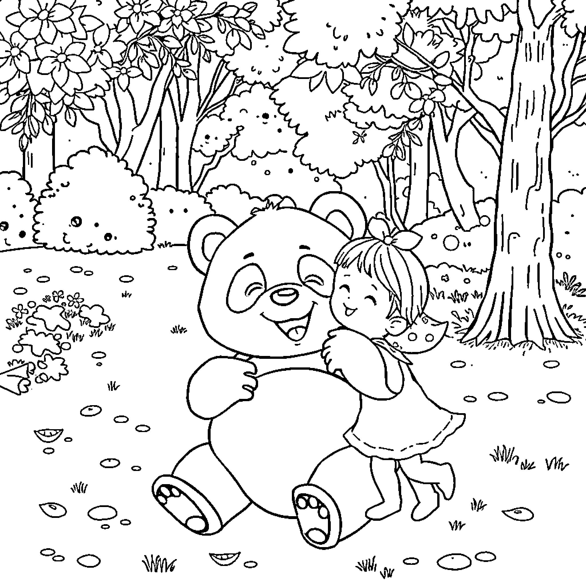 Panda bear and child playing in the forest Coloring Page (free black-and-white line drawing printable PDF for all, from beginners to advanced learners, including children, teens, adults, and seniors)