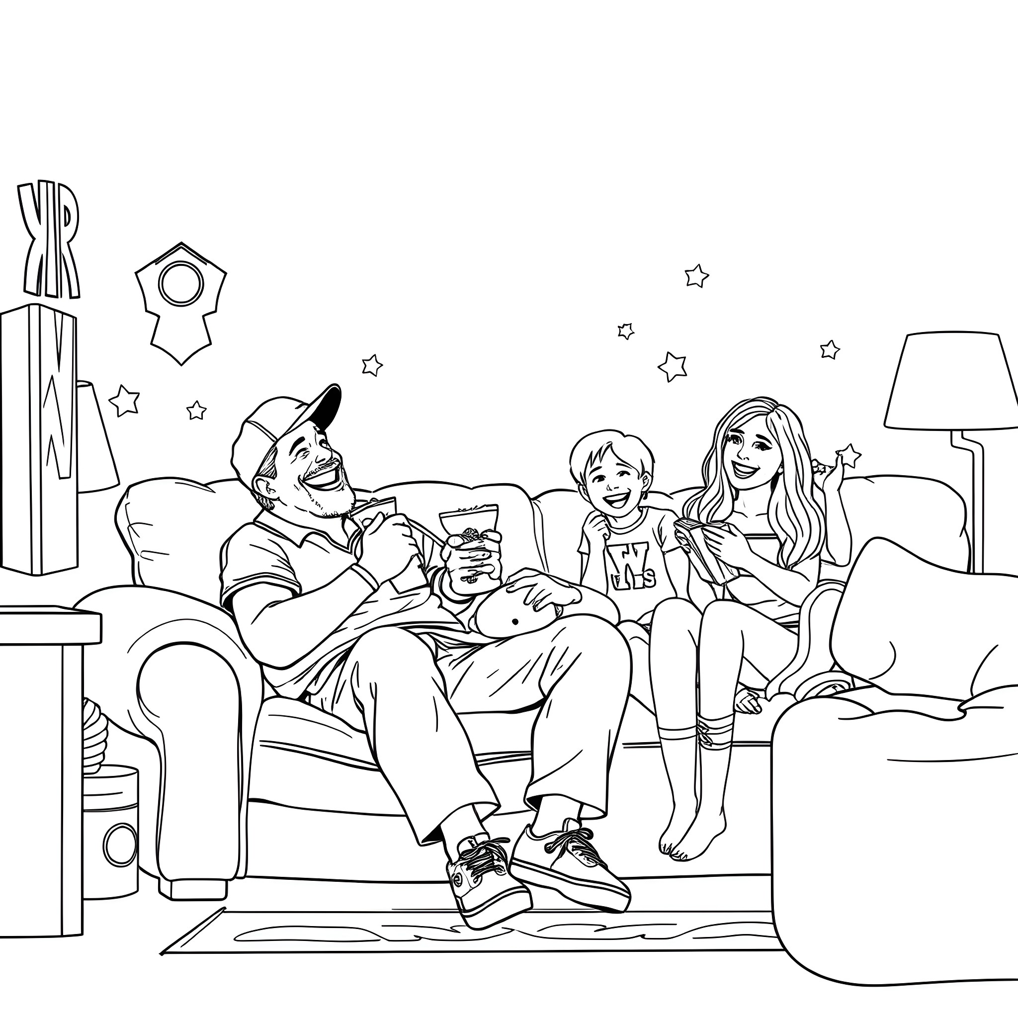 Dad enjoying family movie night with kids Coloring Page (free black-and-white line drawing printable PDF for all, from beginners to advanced learners, including children, teens, adults, and seniors)