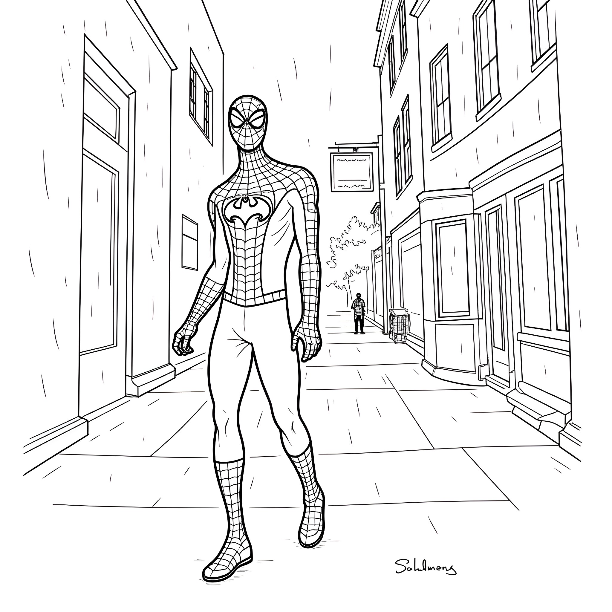 Spiderman walking in the city streets Coloring Page (free black-and-white line drawing printable PDF for all, from beginners to advanced learners, including children, teens, adults, and seniors)