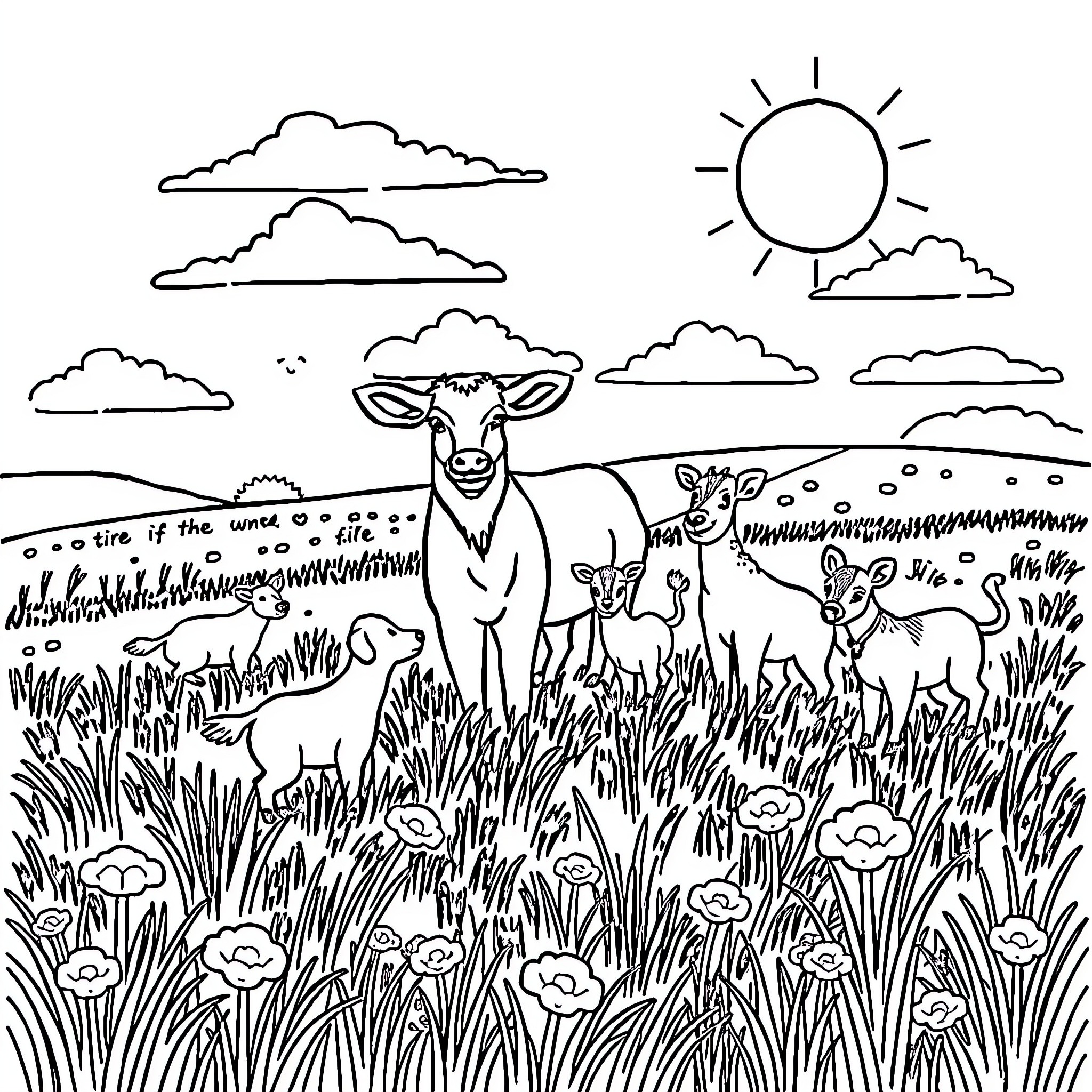 Animal herd grazing in a lush meadow Coloring Page (free black-and-white line drawing printable PDF for all, from beginners to advanced learners, including children, teens, adults, and seniors)