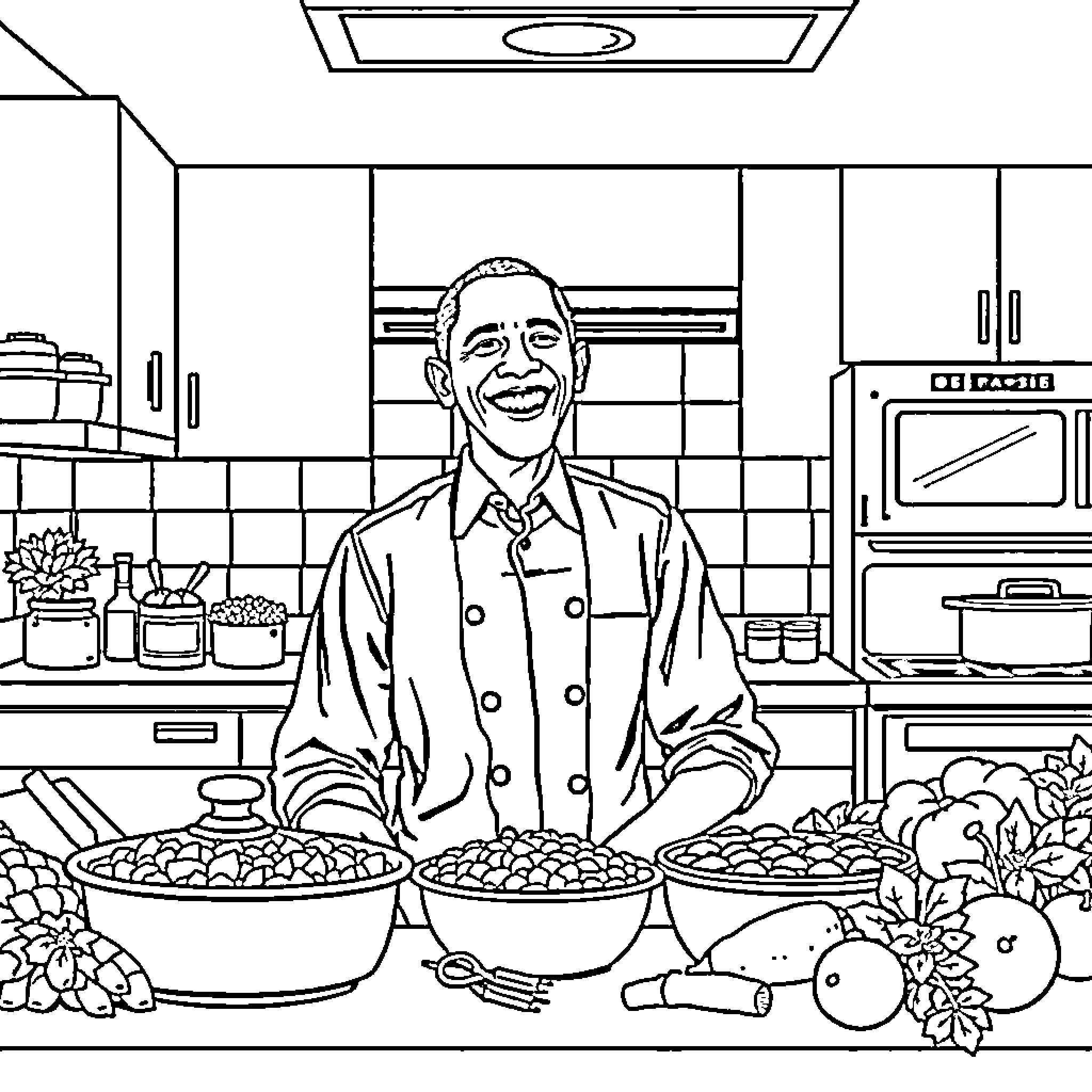 Obama smiles in a kitchen setting Coloring Page (free black-and-white line drawing printable PDF for all, from beginners to advanced learners, including children, teens, adults, and seniors)