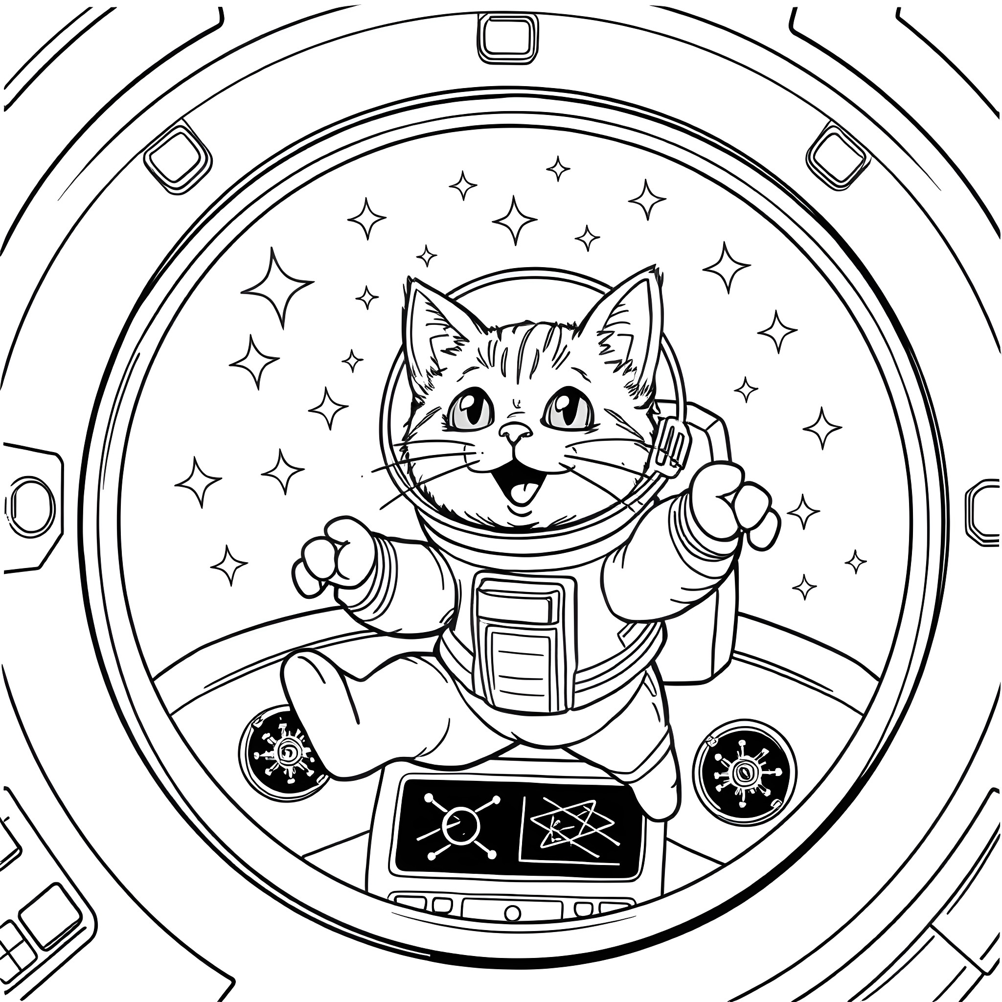 Astronaut cat exploring the cosmos Coloring Page (free black-and-white line drawing printable PDF for all, from beginners to advanced learners, including children, teens, adults, and seniors)