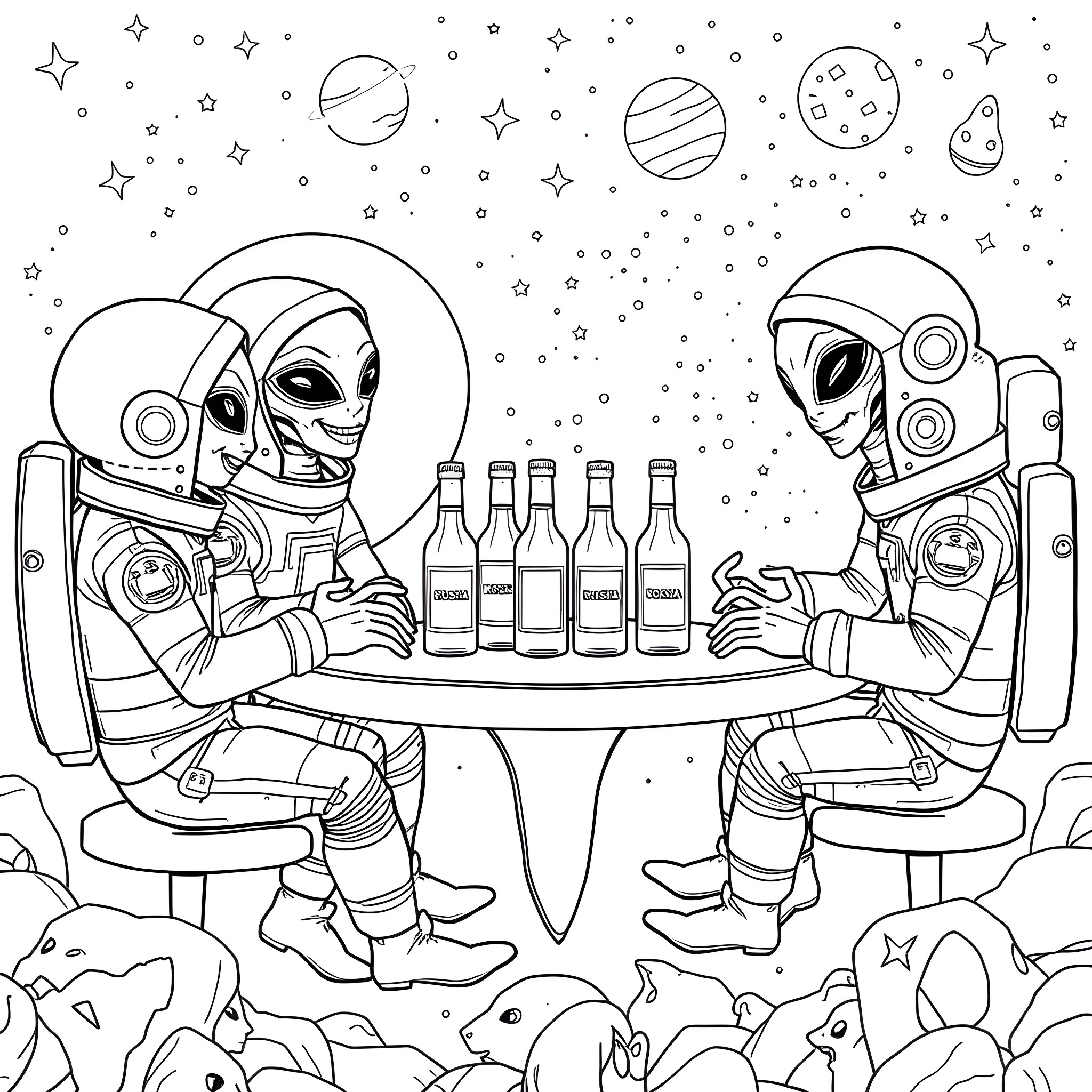 Alien astronauts enjoying drinks in space Coloring Page (free black-and-white line drawing printable PDF for all, from beginners to advanced learners, including children, teens, adults, and seniors)