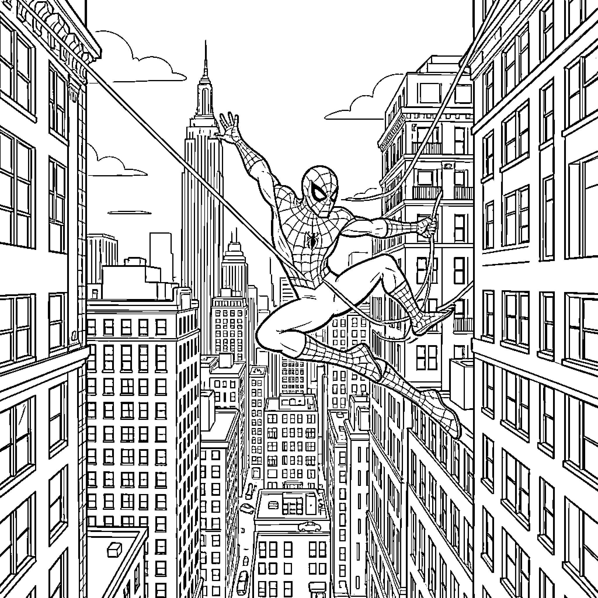 Spider-Man swinging between tall city buildings Coloring Page (free black-and-white line drawing printable PDF for all, from beginners to advanced learners, including children, teens, adults, and seniors)