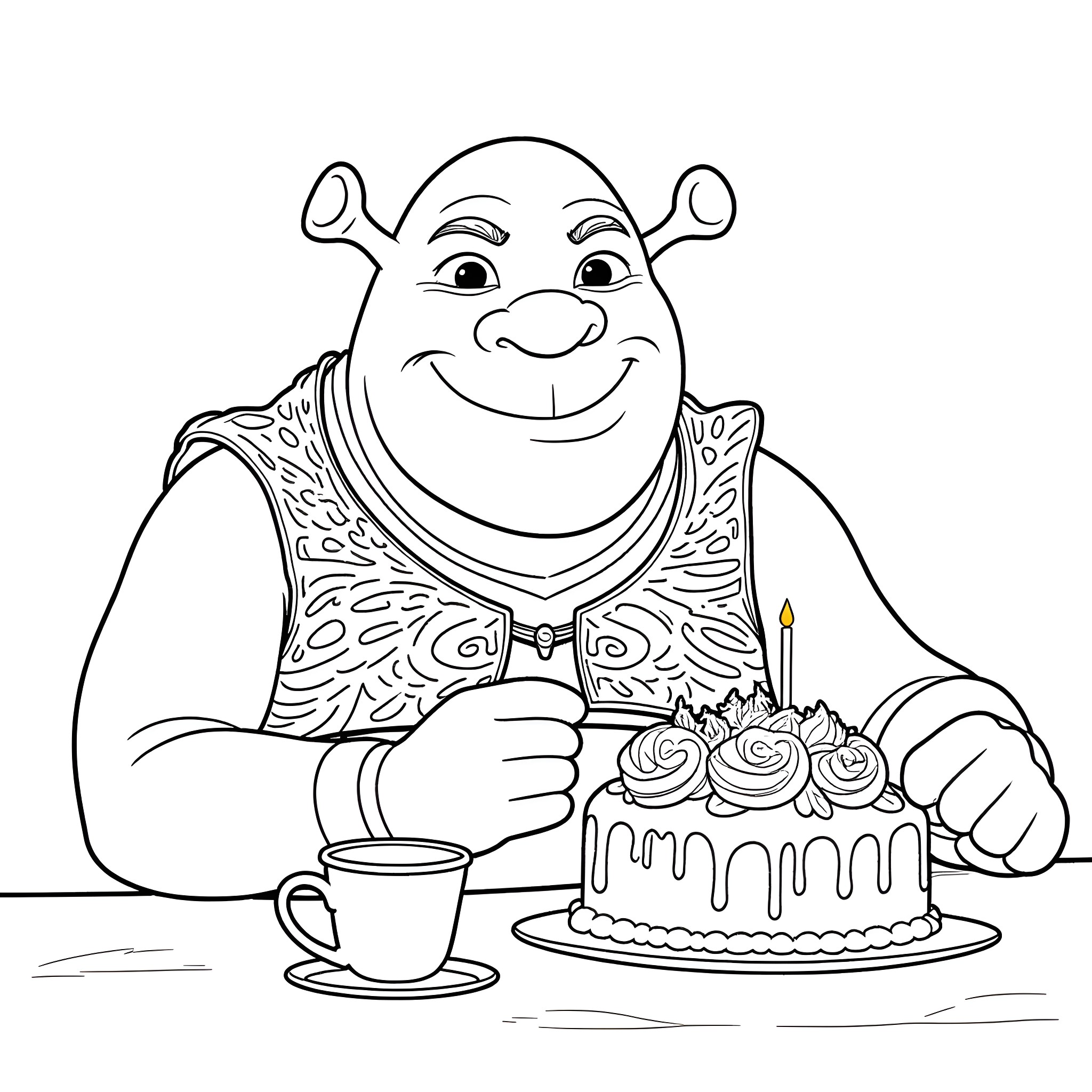 Shrek enjoying a birthday cake and tea Coloring Page (free black-and-white line drawing printable PDF for all, from beginners to advanced learners, including children, teens, adults, and seniors)