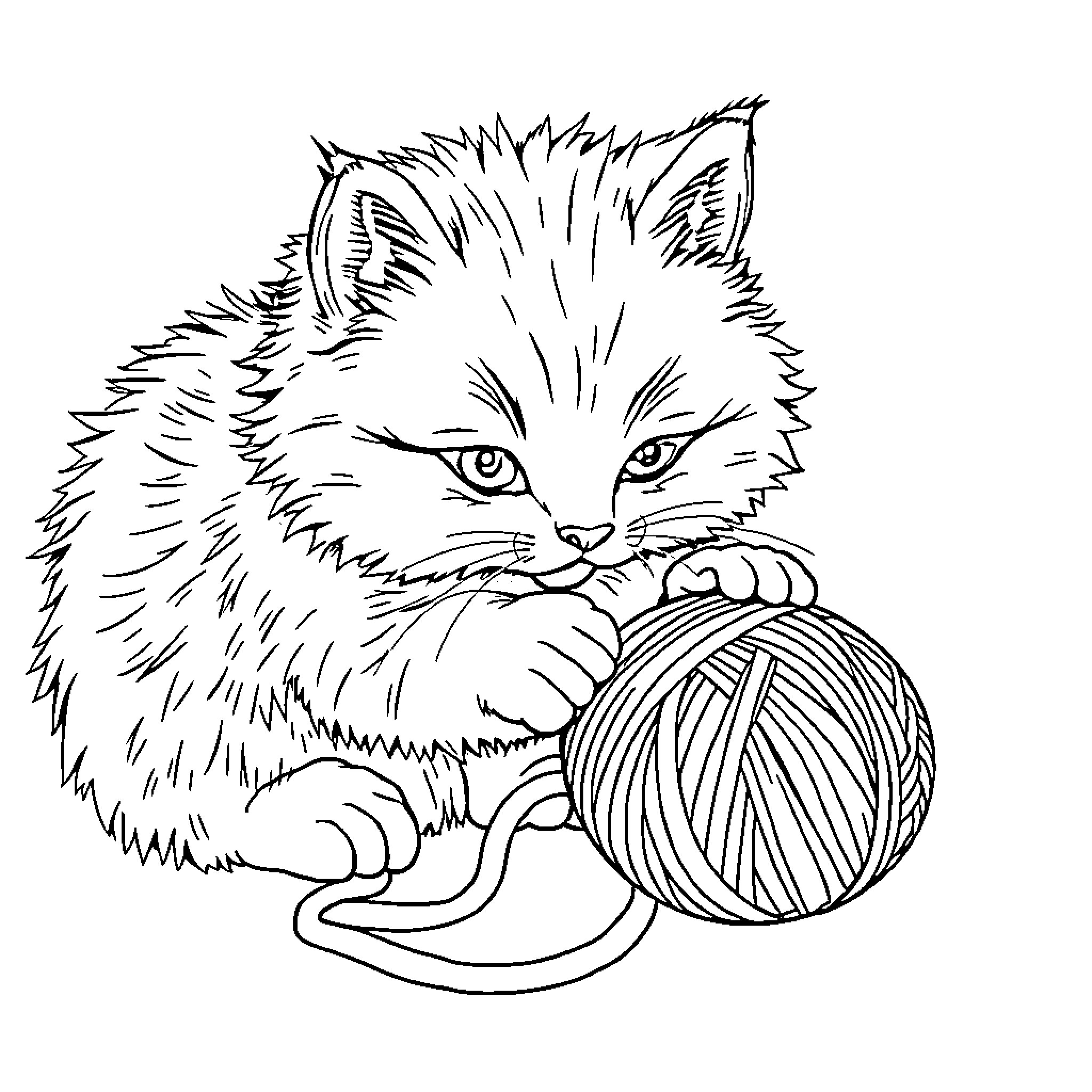 Cat playing with yarn ball Coloring Page (free black-and-white line drawing printable PDF for all, from beginners to advanced learners, including children, teens, adults, and seniors)