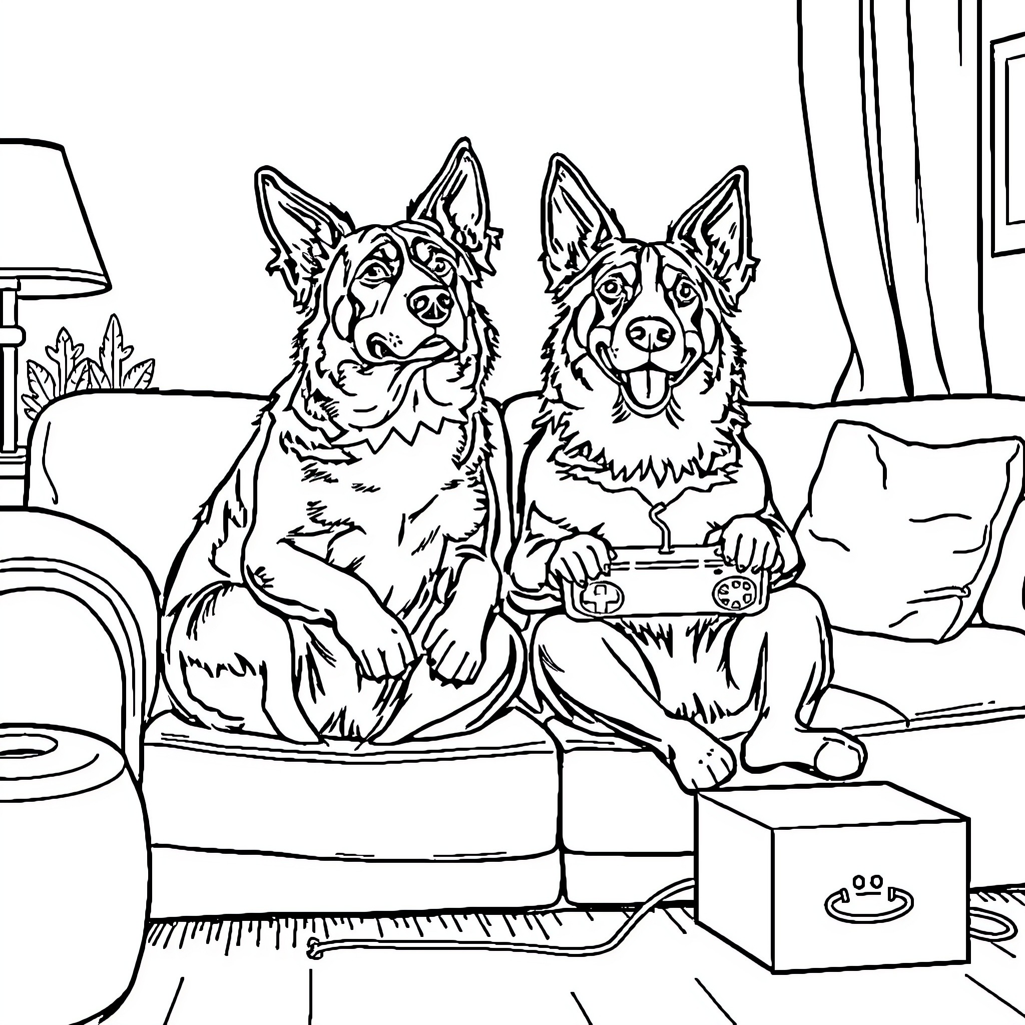 Australian Shepherd dogs playing video games together Coloring Page (free black-and-white line drawing printable PDF for all, from beginners to advanced learners, including children, teens, adults, and seniors)