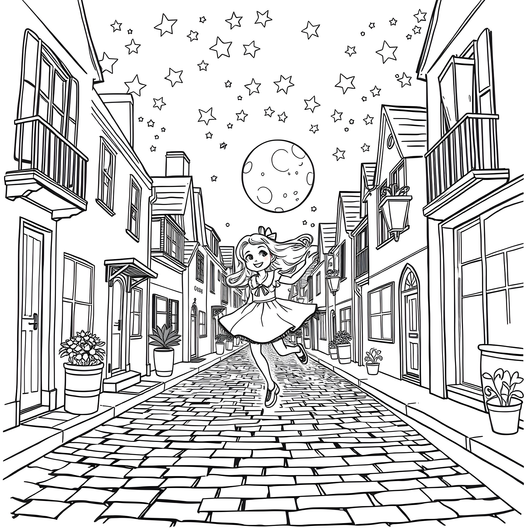 Moon Girl dancing happily on a starry night in a quaint town Coloring Page (free black-and-white line drawing printable PDF for all, from beginners to advanced learners, including children, teens, adults, and seniors)