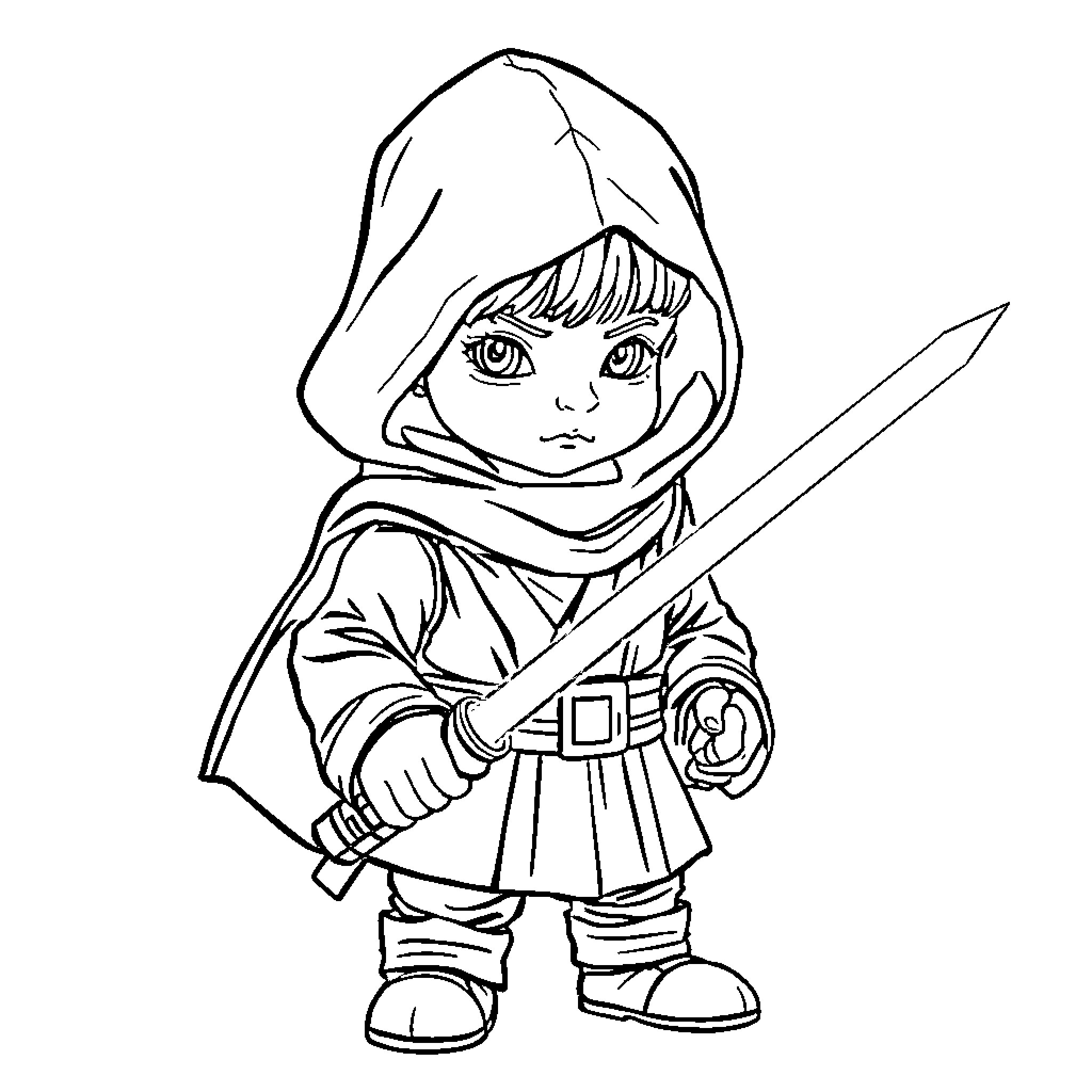Jedi Apprentice Wielding Lightsaber in Training Coloring Page (free black-and-white line drawing printable PDF for all, from beginners to advanced learners, including children, teens, adults, and seniors)