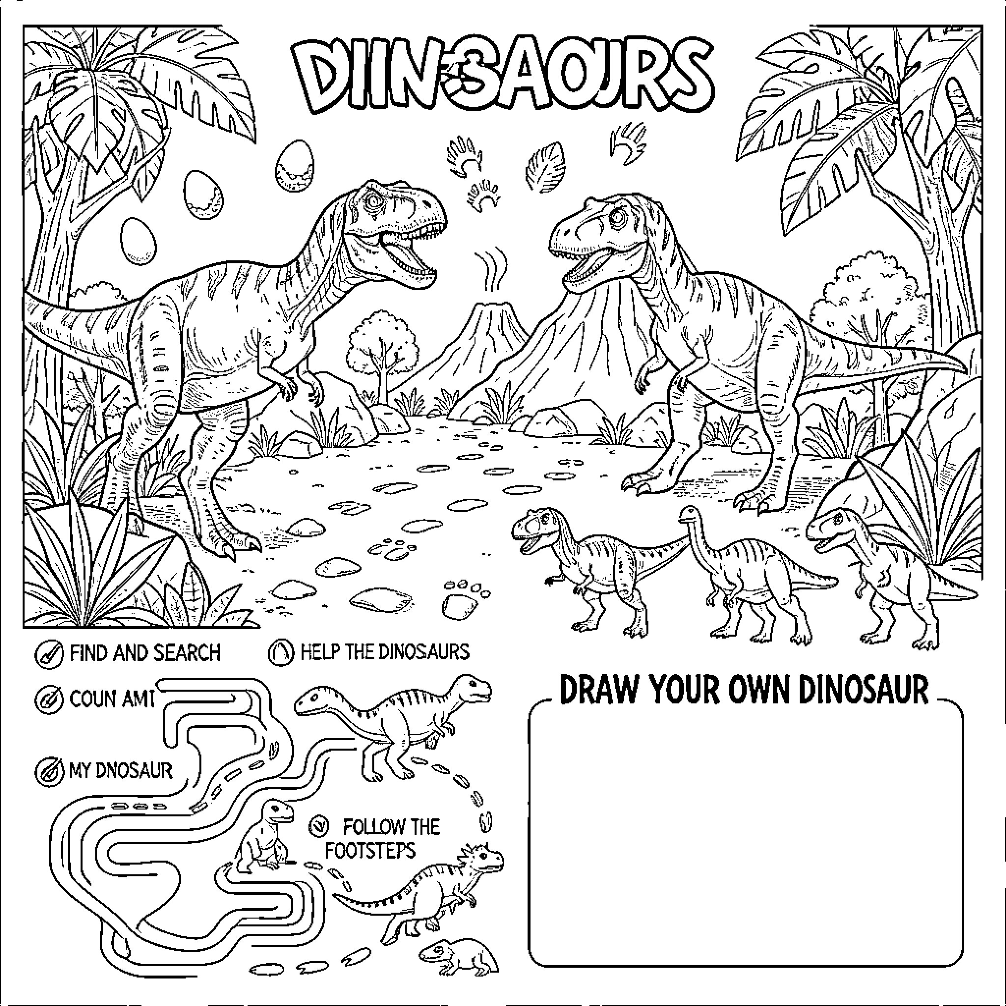 Dinosaur encounter in a prehistoric jungle landscape Coloring Page (free black-and-white line drawing printable PDF for all, from beginners to advanced learners, including children, teens, adults, and seniors)