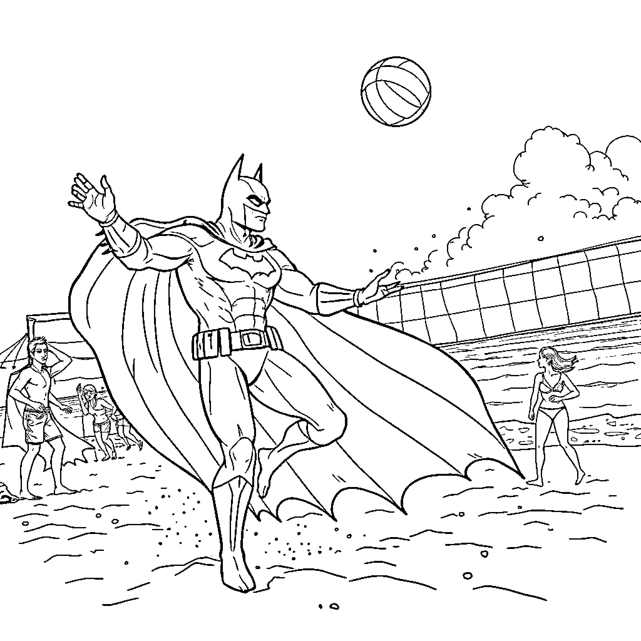 Batman enjoying a beach volleyball game Coloring Page (free black-and-white line drawing printable PDF for all, from beginners to advanced learners, including children, teens, adults, and seniors)